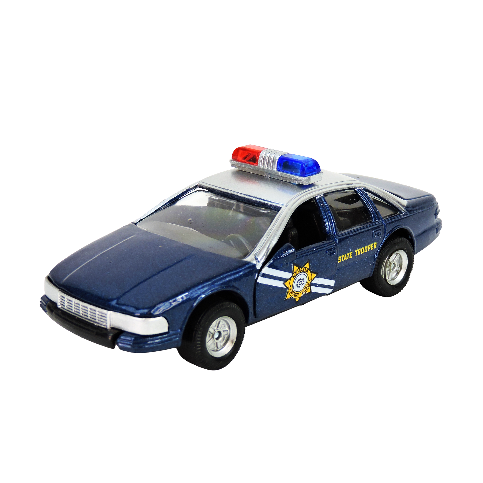 The Rollin' Die Cast Pull Back Patrol Car by Rollin' is a blue police vehicle with sheriff logos on the front doors and a red, white, and blue light bar, shown angled from the front left.