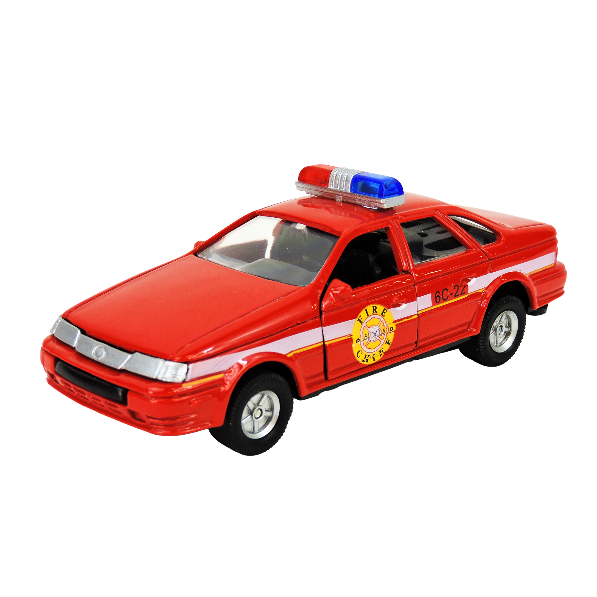 The Rollin' Die Cast Pull Back Patrol Car by Rollin' features a red body, fire department emblem on the door, and blue and red siren lights—perfect for any emergency response or law enforcement vehicle collection.