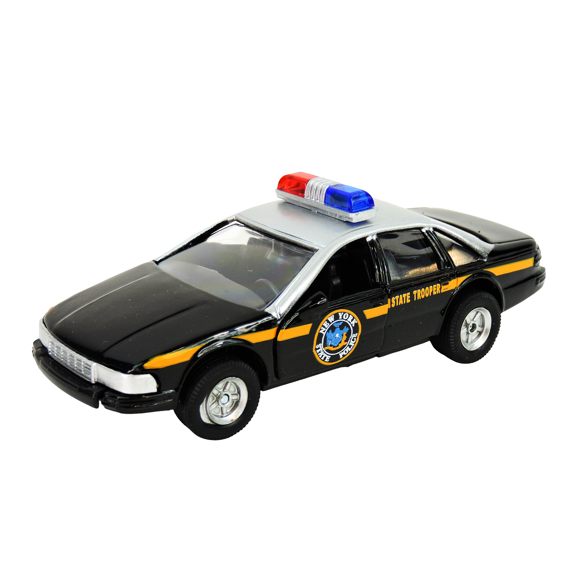 The Rollin' Die Cast Pull Back Patrol Car by Rollin' features black and silver colors, red, blue, and white lights on the roof, and State Trooper on the side—ideal for fans of toy police cars and law enforcement vehicles.