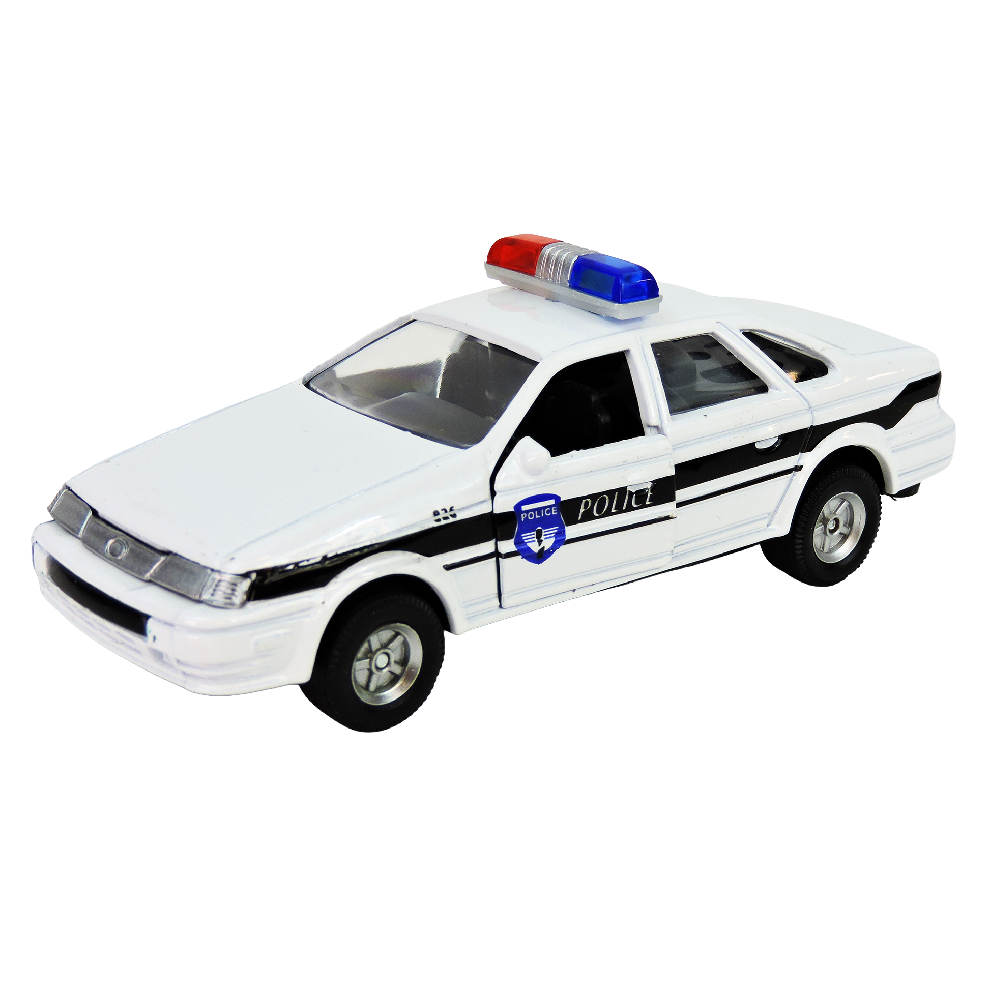 The Rollin' Die Cast Pull Back Patrol Car by Rollin' features a white diecast body, black stripes, police insignia on the doors, and a red and blue light bar—ideal for law enforcement toy car fans. Displayed on a plain white background.