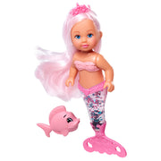 The Simba Dickie Evi Love Mermaid Assortment features a mermaid doll with long pink hair, a pink top, glittery pink tail, and a smiling pink toy dolphin.