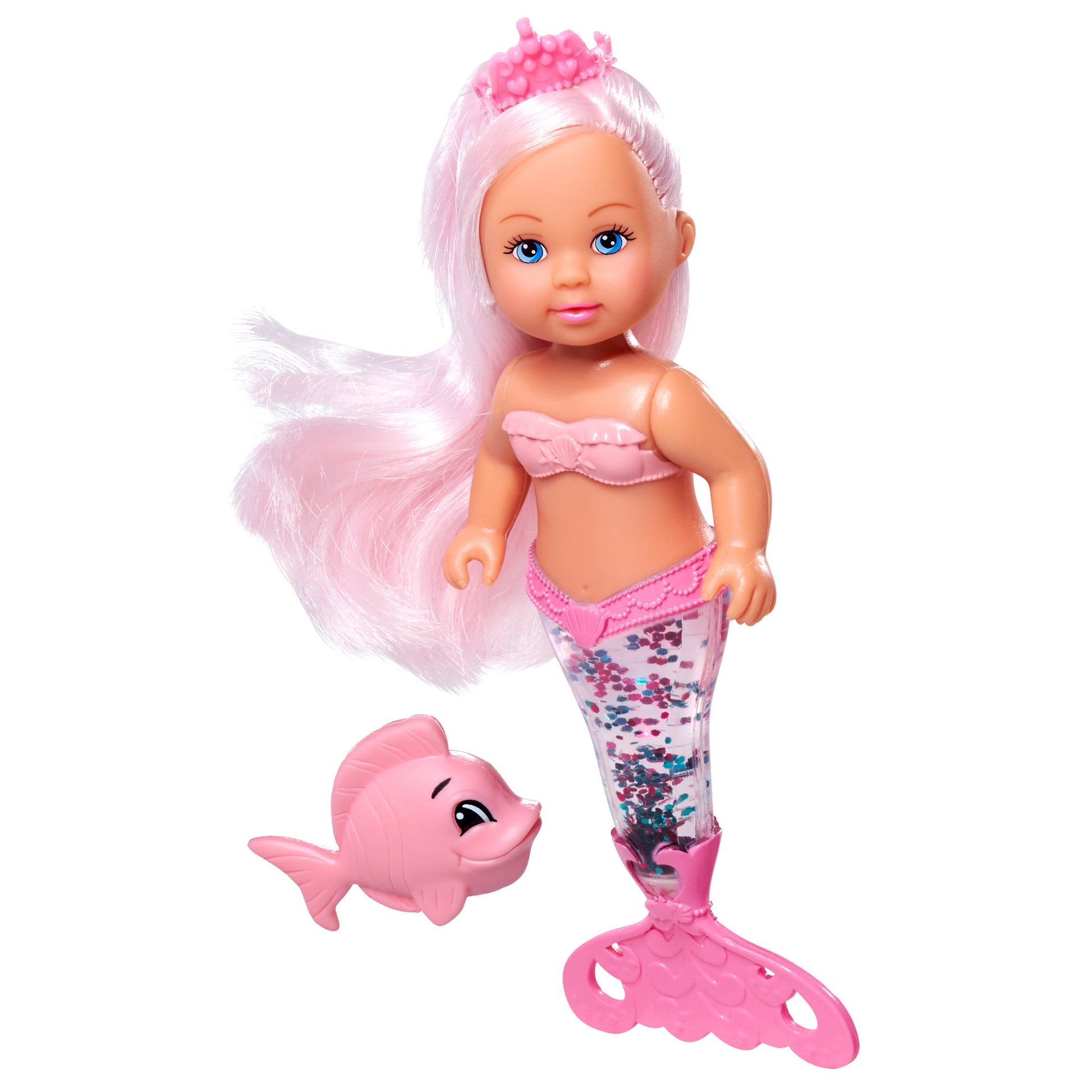 The Simba Dickie Evi Love Mermaid Assortment features a mermaid doll with long pink hair, a pink top, glittery pink tail, and a smiling pink toy dolphin.