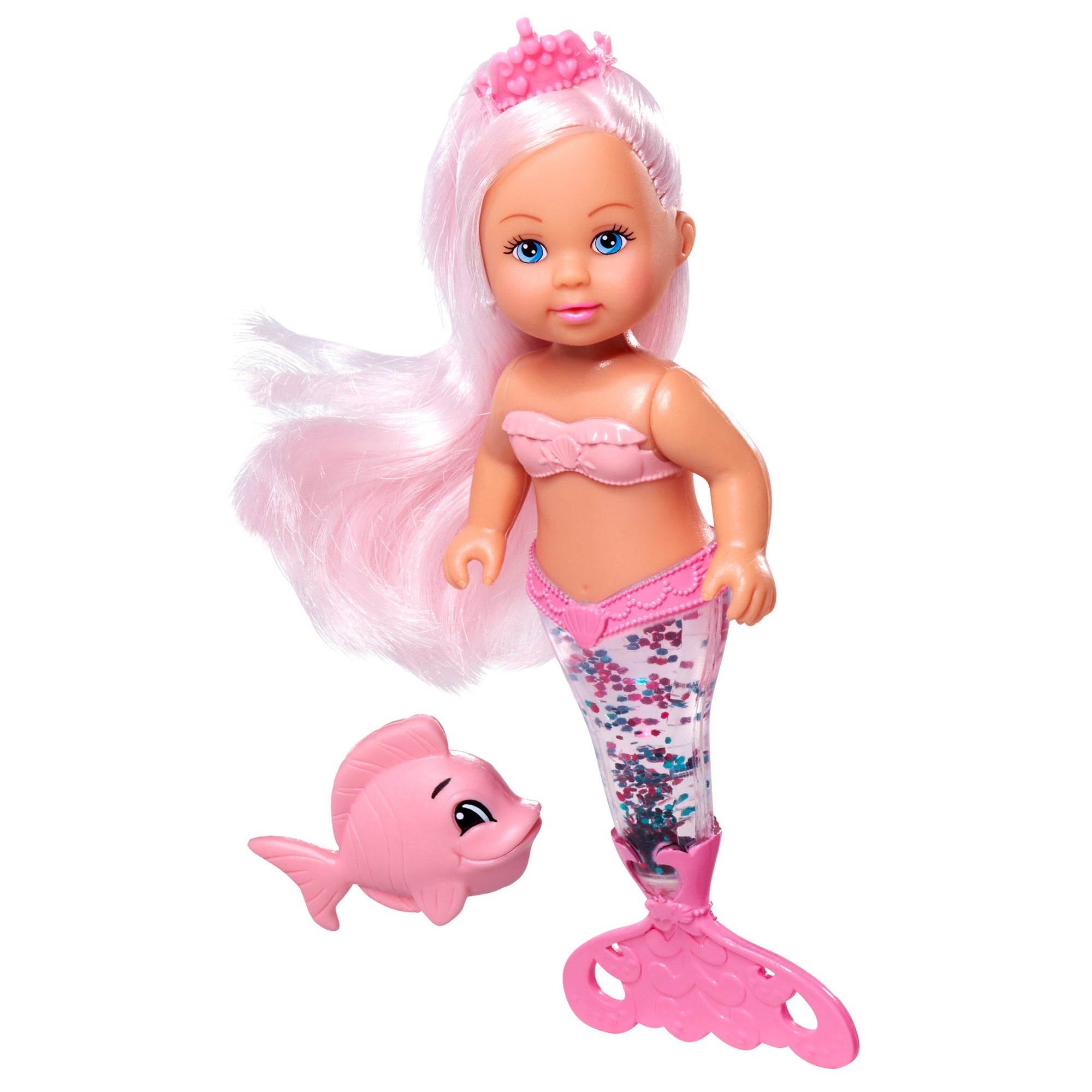 The Simba Dickie Evi Love Mermaid Assortment features a mermaid doll with long pink hair, a pink top, glittery pink tail, and a smiling pink toy dolphin.