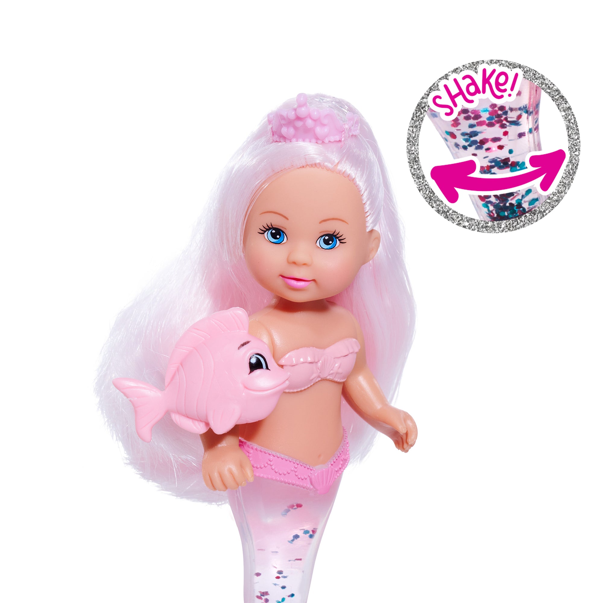 The Simba Dickie Evi Love Mermaid Assortment features a doll with long white hair and a pink confetti-filled mermaid tail, holding a pink fish. An inset shows the tail with arrows and "SHAKE!" to highlight the fun shaking feature.