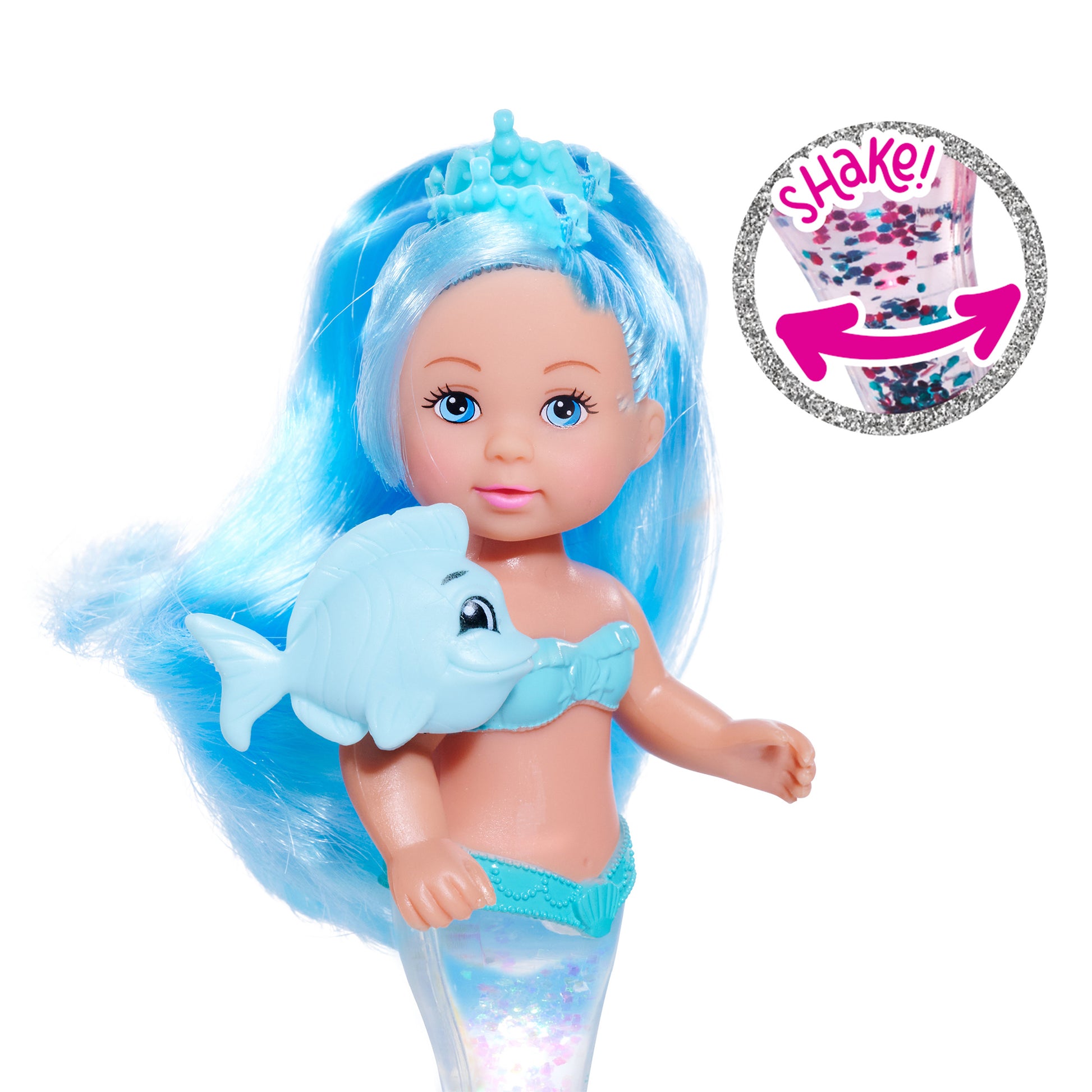 The Simba Dickie Evi Love Mermaid Assortment features a doll with long blue hair in a blue mermaid outfit and crown, holding a light blue dolphin. An inset highlights glitter inside the tail that sparkles when shaken.