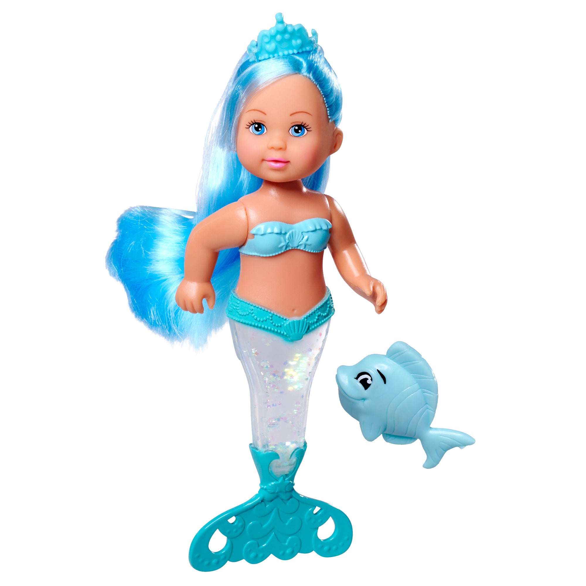 The Simba Dickie Evi Love Mermaid Assortment features a mermaid doll with long blue hair, a blue crown, blue top, turquoise sparkly tail, and comes with a smiling blue toy fish.