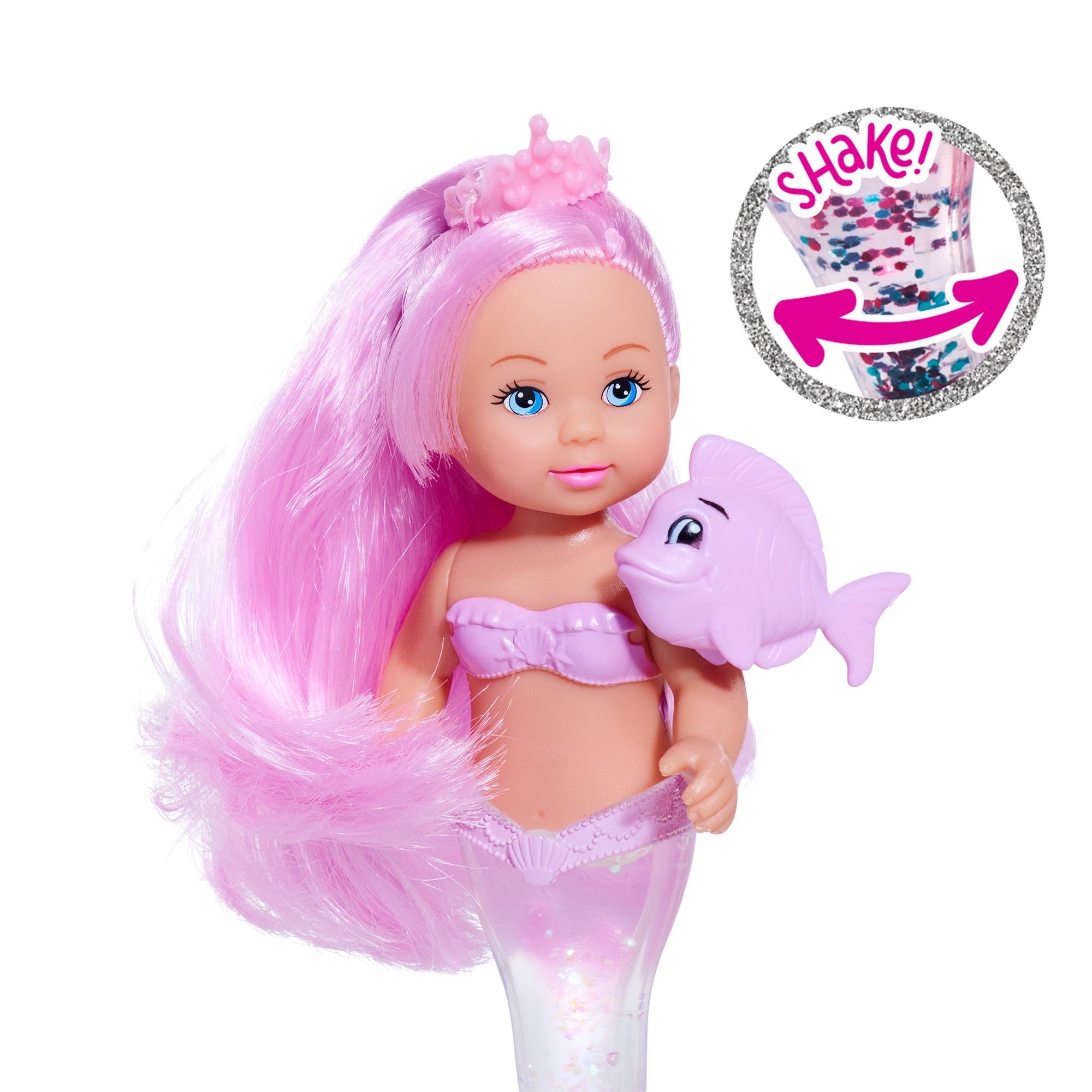 The Simba Dickie Evi Love Mermaid Assortment is a toy doll holding a fish.