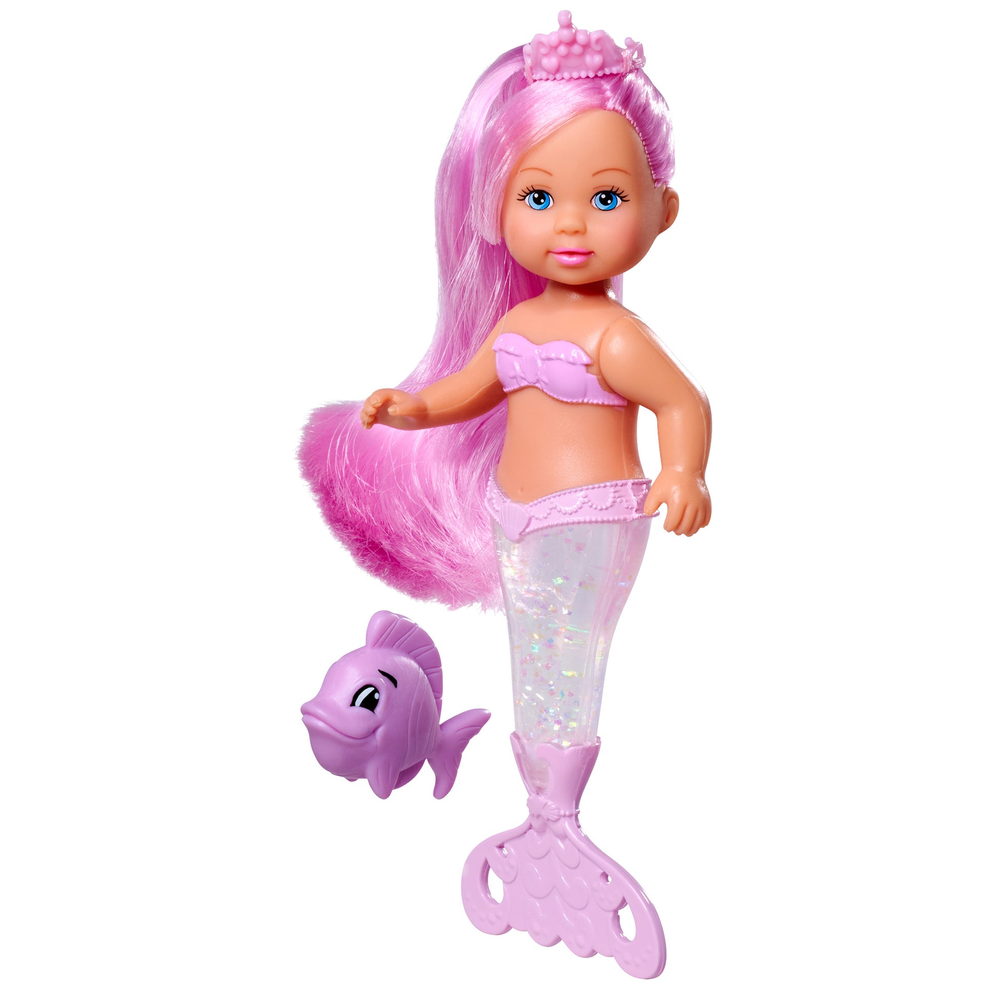 The Evi Love Mermaid Assortment by Simba Dickie features a doll with long pink hair, a pink crown, sparkly pink mermaid tail, pink top, and blue eyes, standing beside a smiling purple toy dolphin.