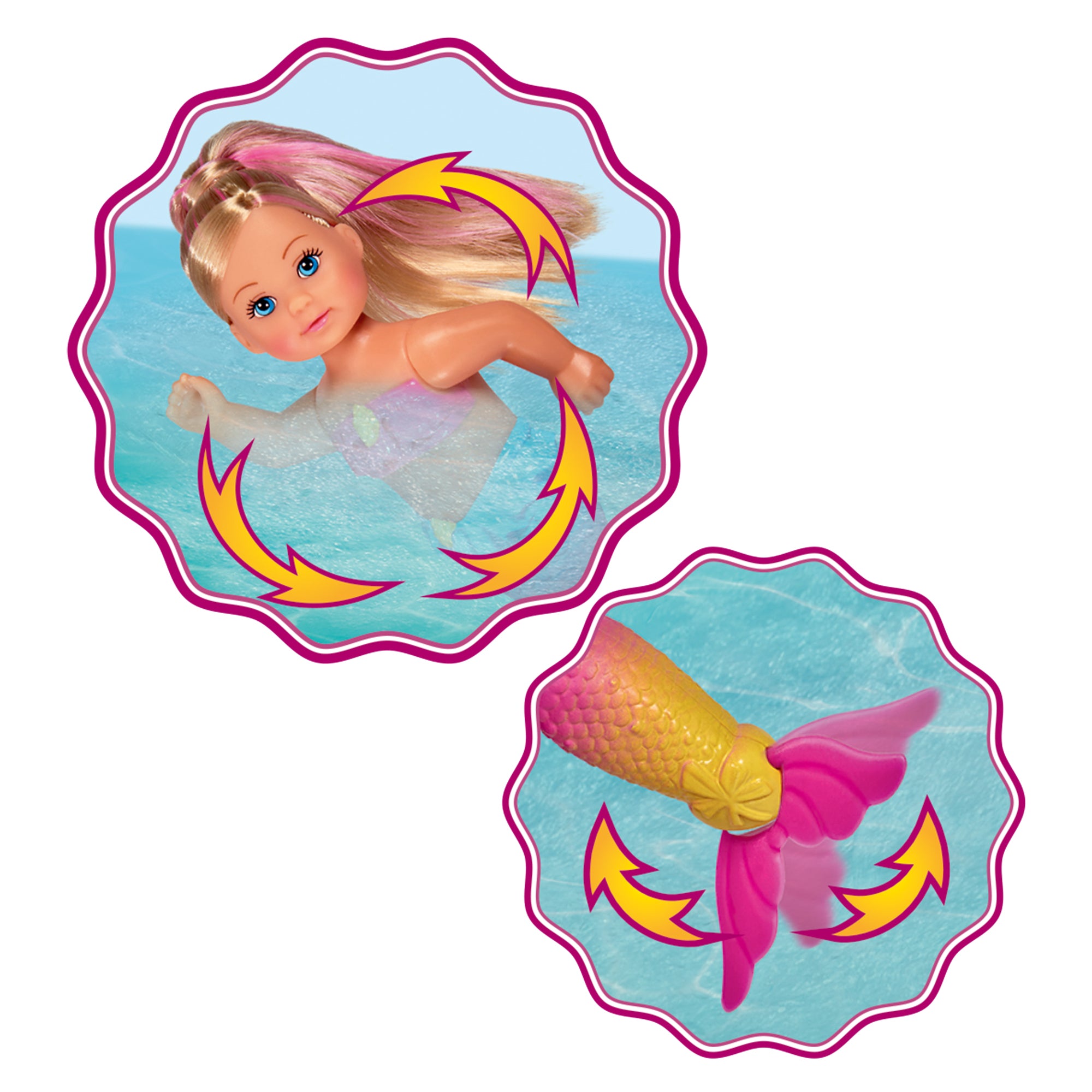 The Evi Love Swimming Mermaid doll from Simba Dickie swims in blue water with yellow arrows showing her movement. Another image highlights her pink and yellow rotating tail fin, both images framed by wavy pink borders.