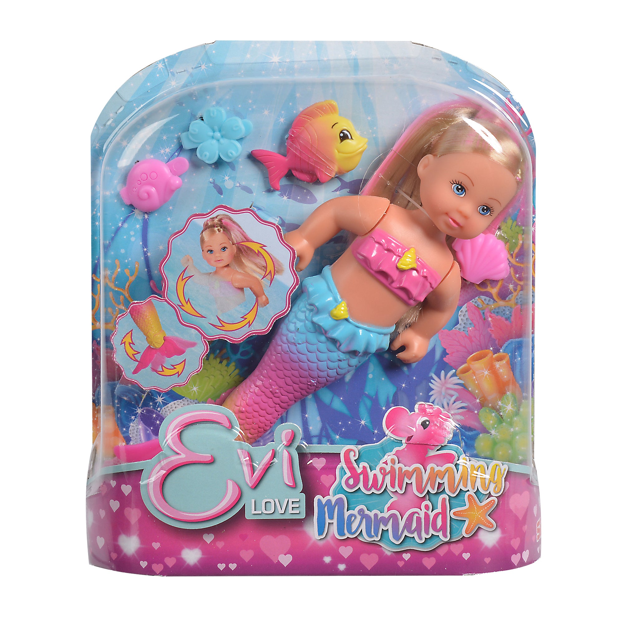 The Simba Dickie Evi Love Swimming Mermaid doll features blonde hair, a pink top, and blue mermaid tail, packaged with ocean-themed accessories against a colorful sea background. The package reads "Evi Love Swimming Mermaid.