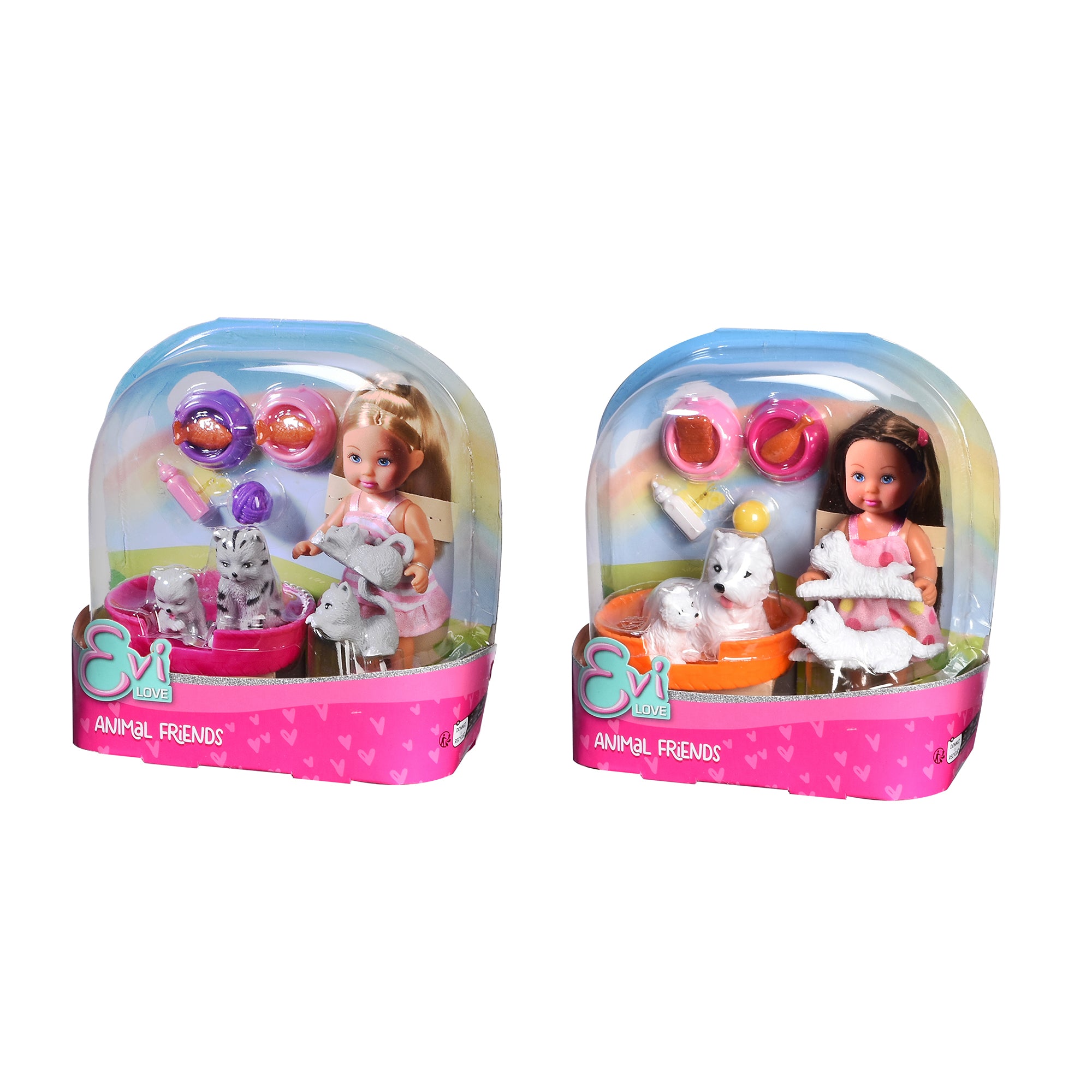 Two Simba Dickie Evi Love Animal Friends Playsets in plastic packaging: one with a blonde doll, cat, and dog; the other with a brunette doll, dog, and white rabbit—each set includes fun accessories for imaginative play.