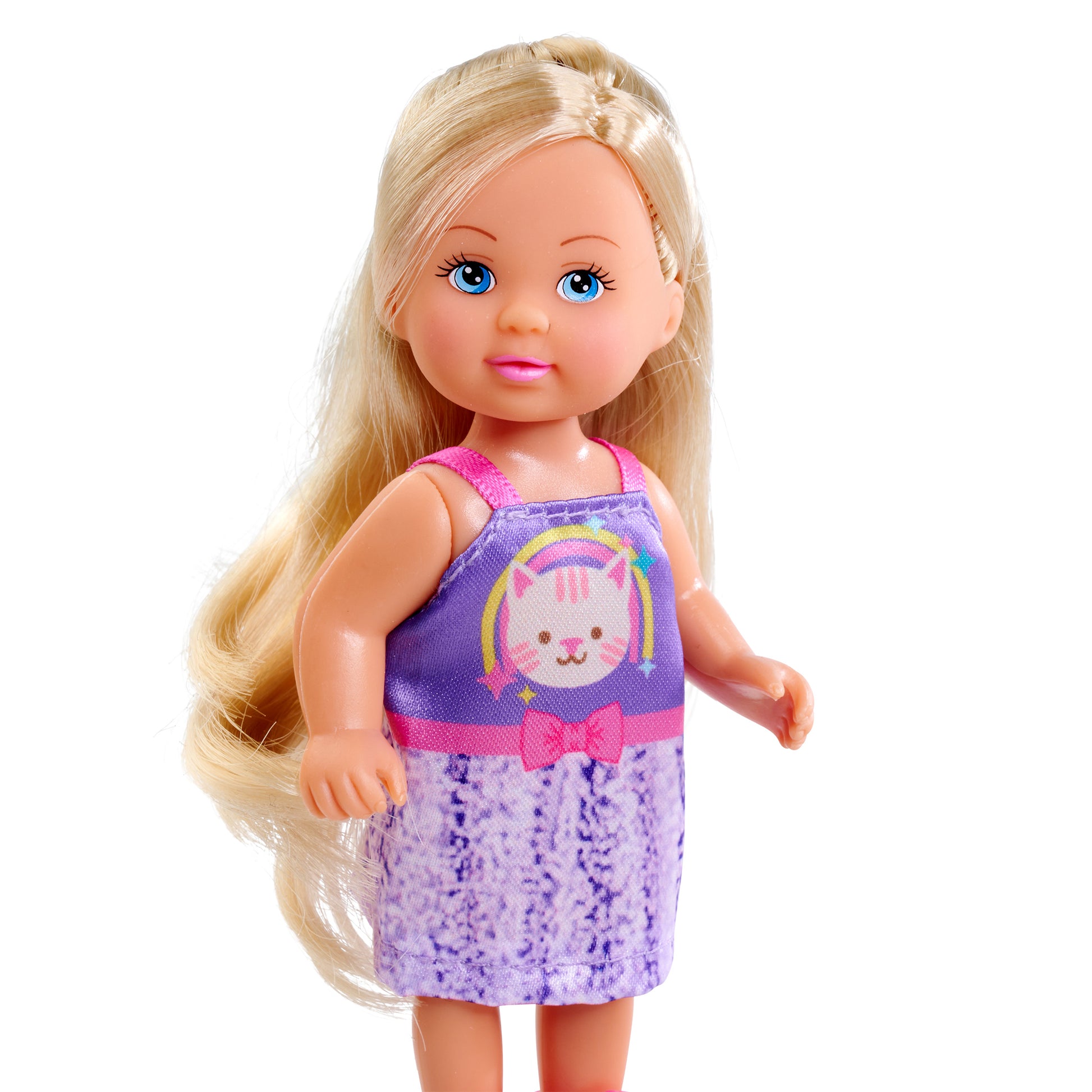 The Simba Dickie Evi Love Friends Assortment features a friendly blonde doll with long hair, blue eyes, and pink lips, dressed in a purple dress with a cat face and rainbow design on the front.