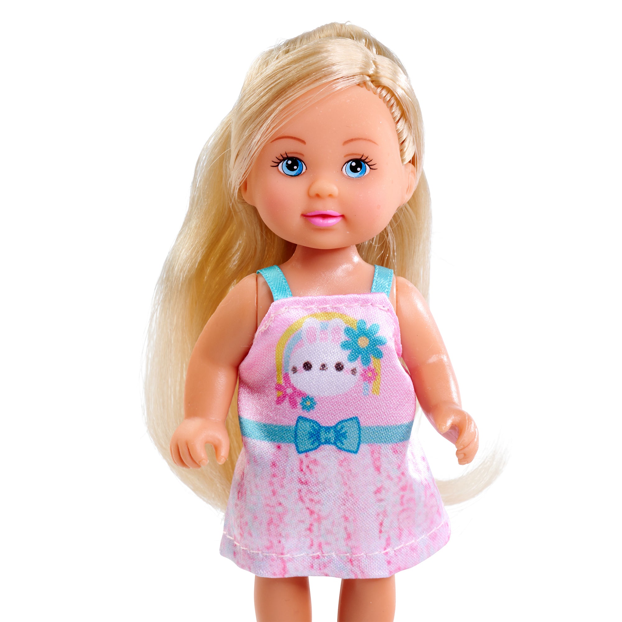 The Simba Dickie Evi Love Friends Assortment features a blonde doll with blue eyes in a pink dress adorned with a unicorn, flowers, and a blue bow. Her long, straight hair is down, and she stands upright facing forward.