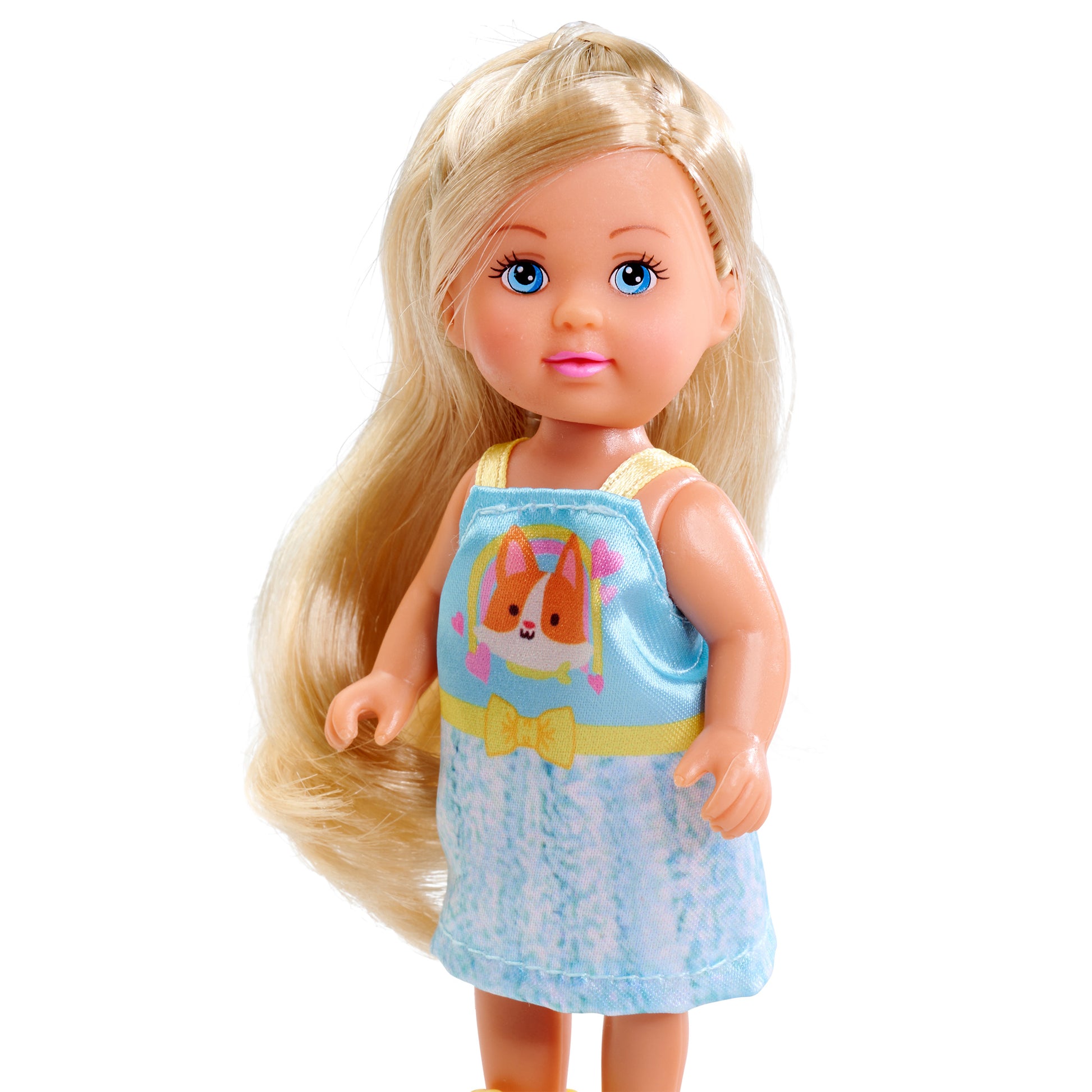 The Evi Love Friends Assortment doll by Simba Dickie features long blonde hair, blue eyes, and a blue dress with a cartoon animal face and yellow bow on the front. The doll is shown standing against a white background.