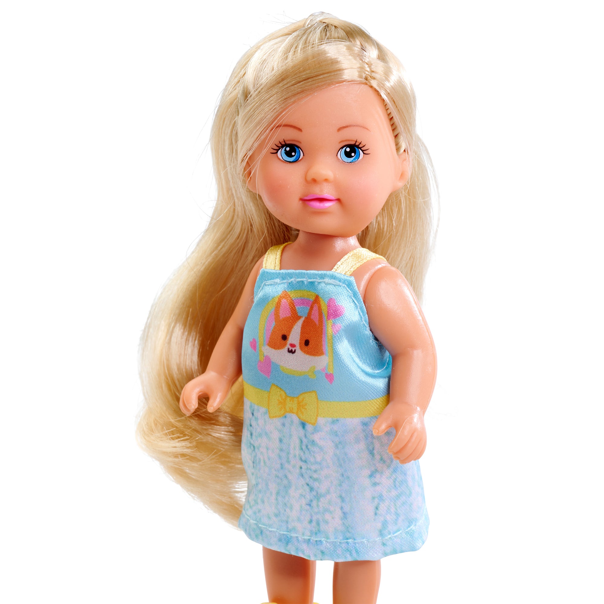 The Evi Love Friends Assortment doll by Simba Dickie features long blonde hair, blue eyes, and a blue dress with a cartoon animal face and yellow bow on the front. The doll is shown standing against a white background.