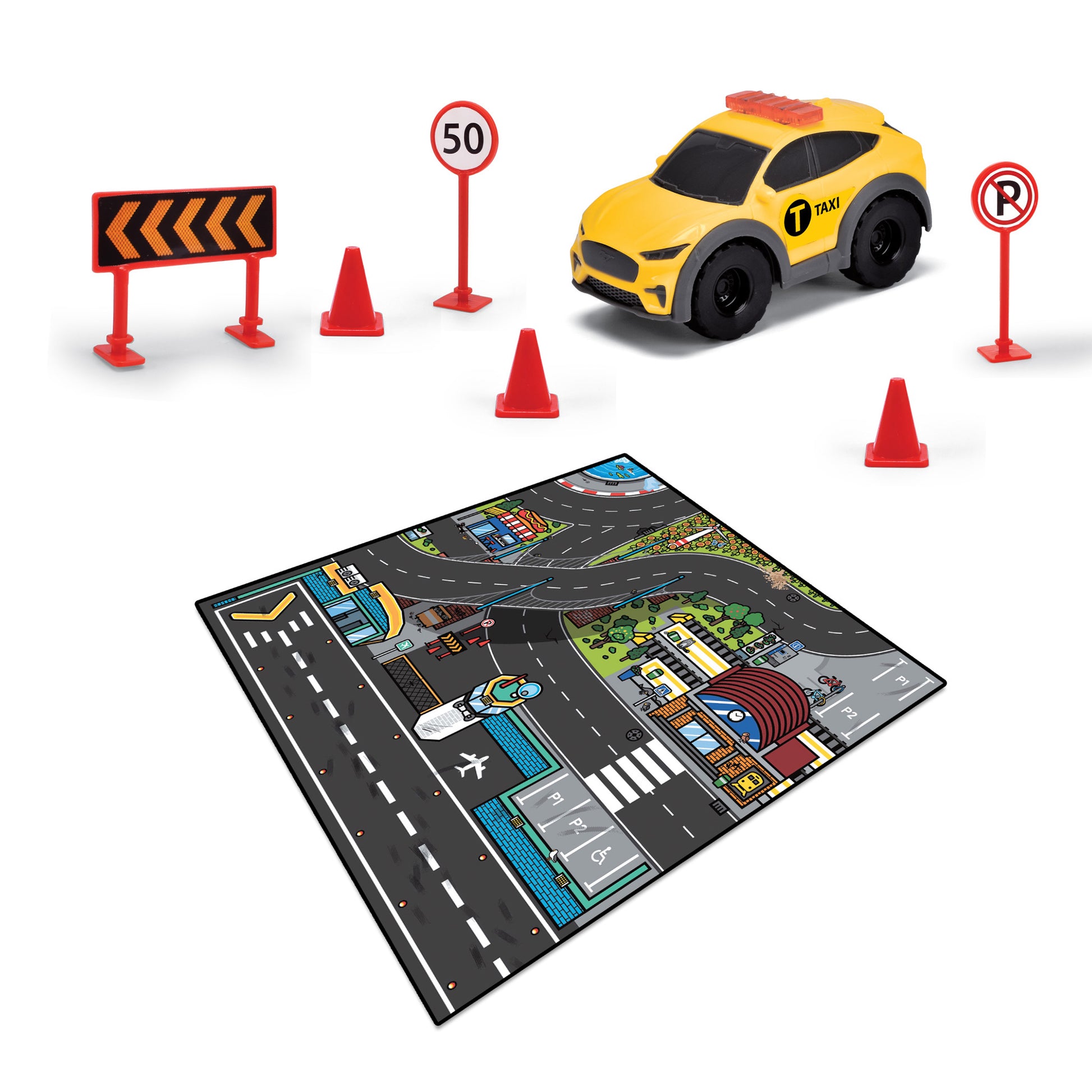 The Simba Dickie Micro World Playmat Assortment features a toy taxi, traffic cones, road signs, and a colorful playmat with roads, buildings, and an airport for a fun miniature city driving scene.