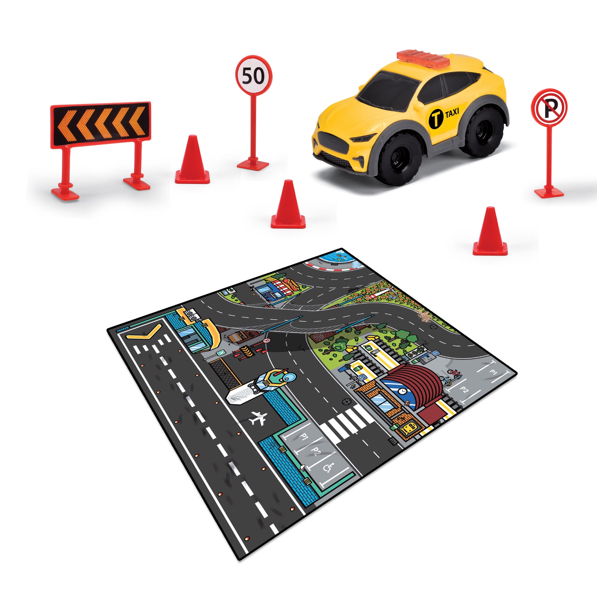 The Simba Dickie Micro World Playmat Assortment features a toy taxi, traffic cones, road signs, and a colorful playmat with roads, buildings, and an airport for a fun miniature city driving scene.