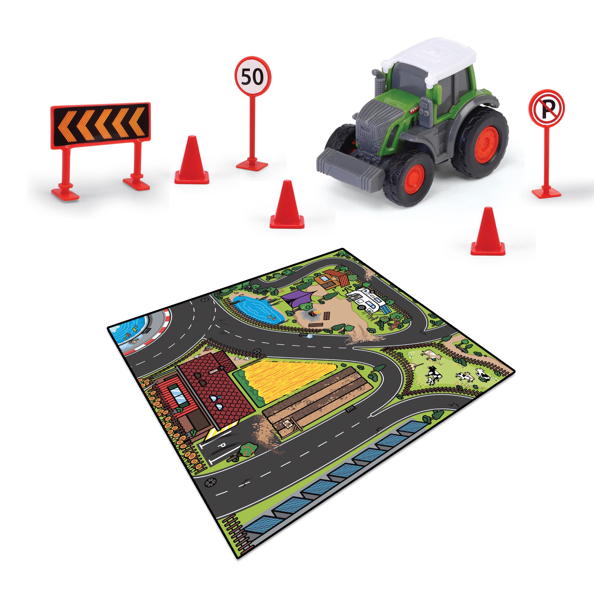 The Simba Dickie Micro World Playmat Assortment includes a green and gray tractor, traffic cones, road signs, and a play mat with roads, a building, and a field on a white background.