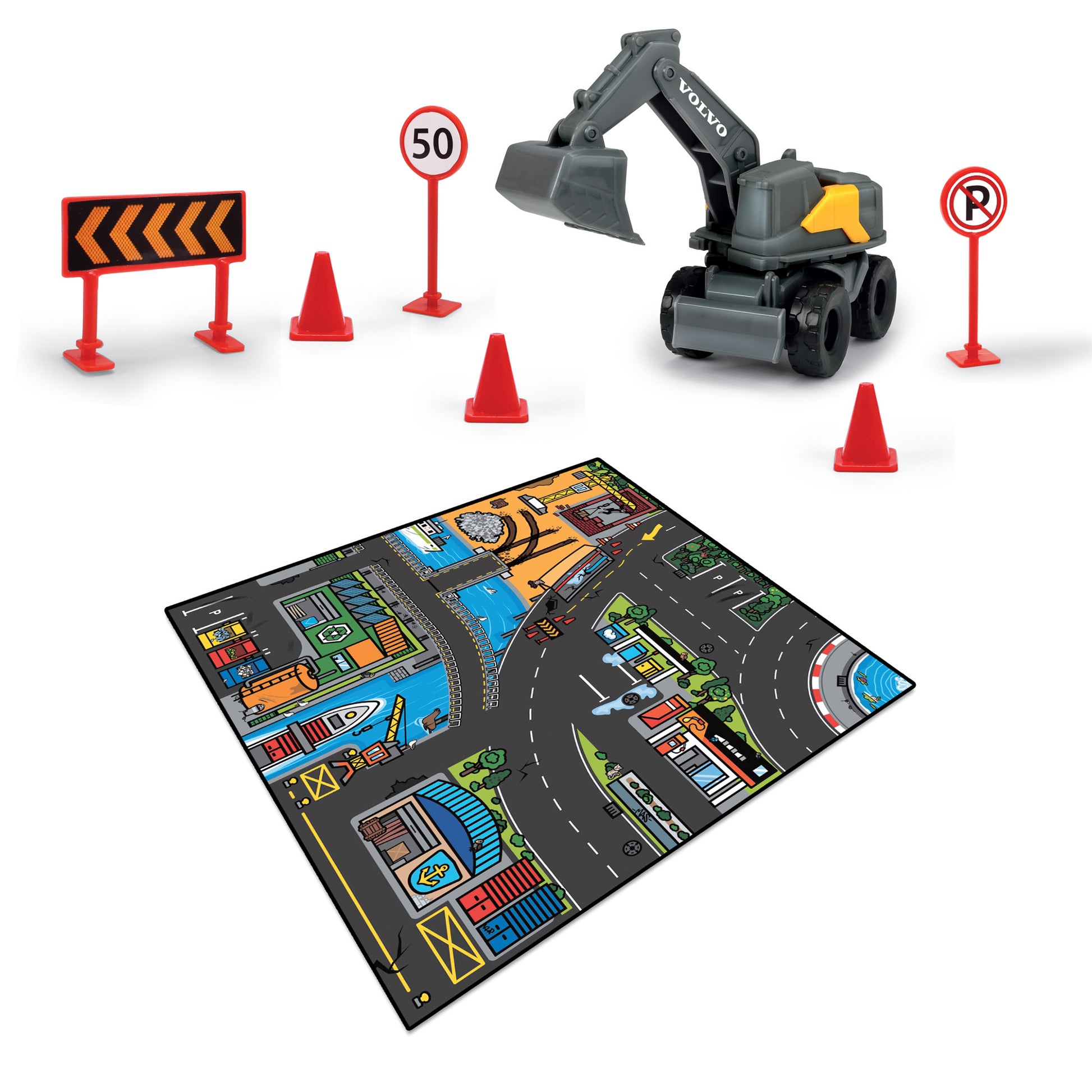 The Simba Dickie Micro World Playmat Assortment includes a toy excavator, road signs (50 speed limit, no parking, chevron arrow), traffic cones, and a colorful playmat with roads, buildings, and water.