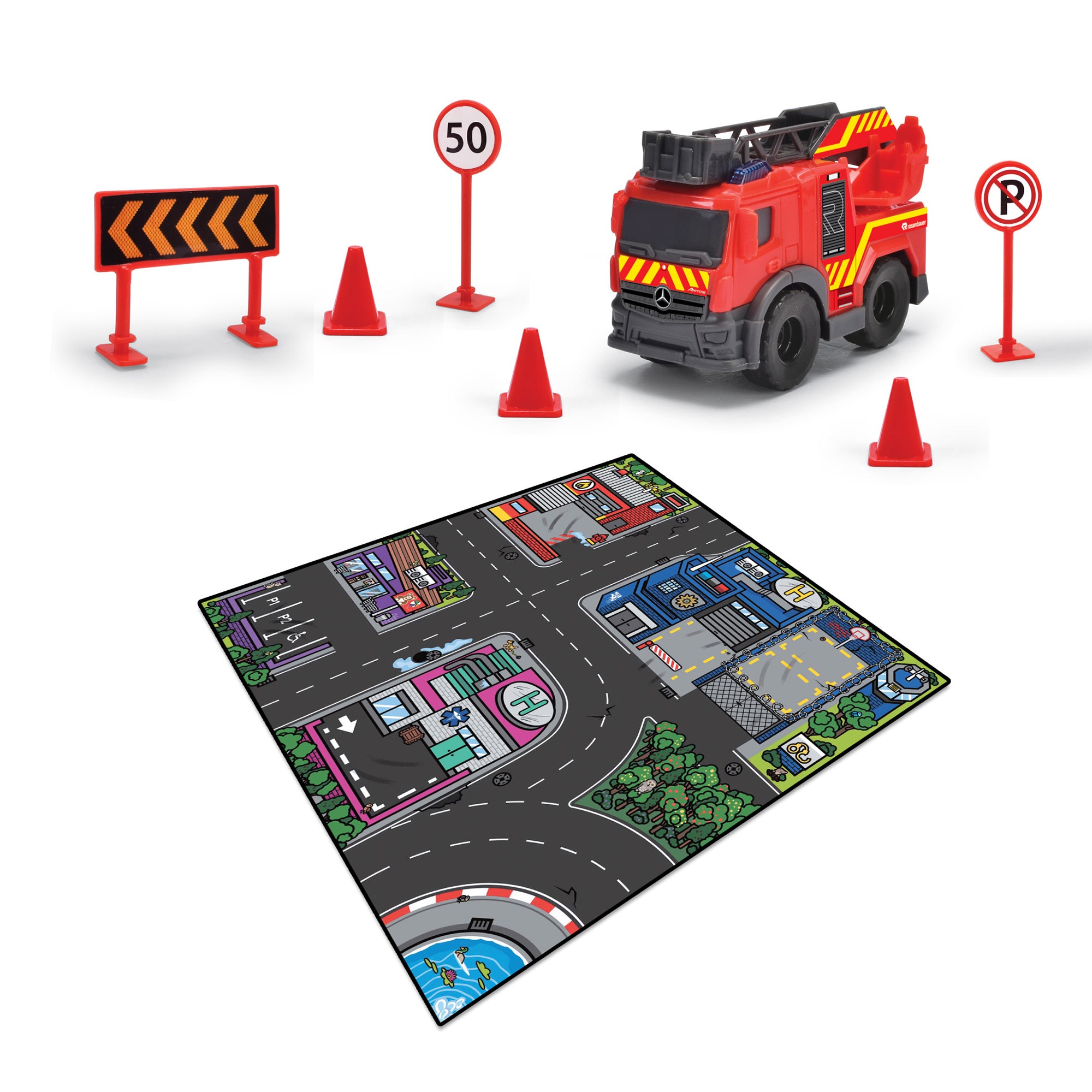 The Simba Dickie Micro World Playmat Assortment includes a toy fire truck, traffic signs, cones, and a no parking sign arranged on a colorful playmat with roads, buildings, and greenery.