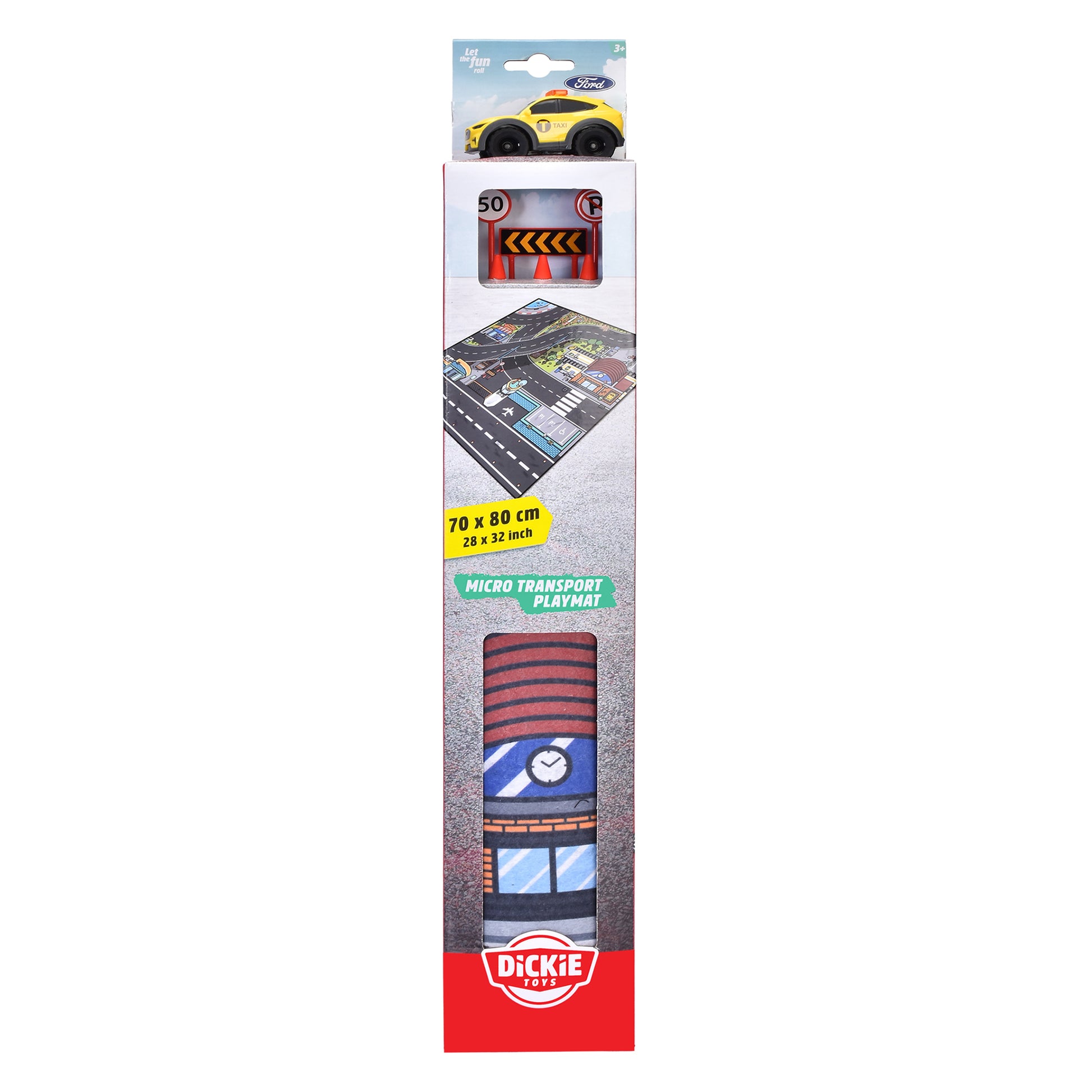 A boxed Simba Dickie Micro World Playmat Assortment features a compact 70 x 80 cm playmat with road designs, a small yellow toy car, and play accessories visible through the packaging.