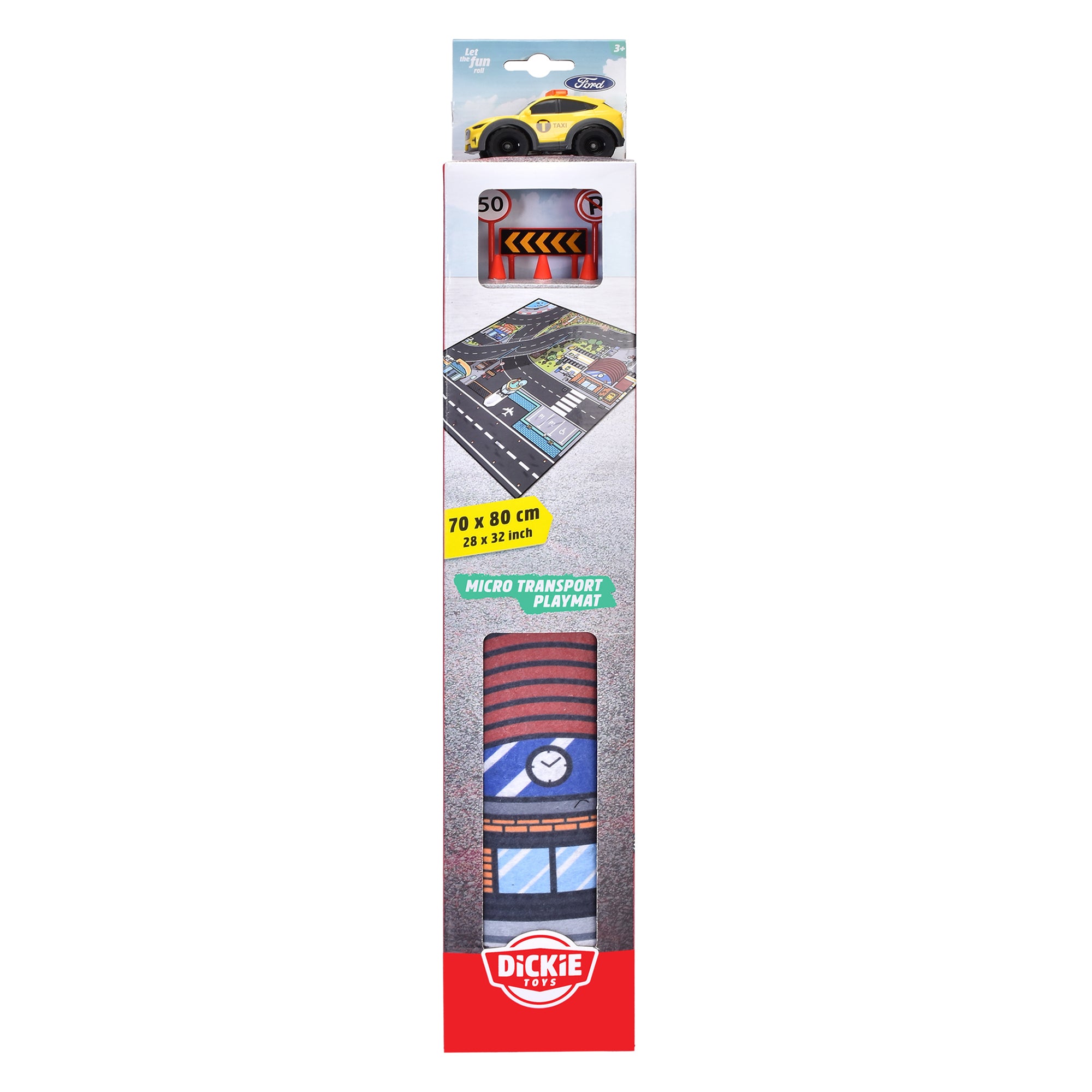 A boxed Simba Dickie Micro World Playmat Assortment features a compact 70 x 80 cm playmat with road designs, a small yellow toy car, and play accessories visible through the packaging.