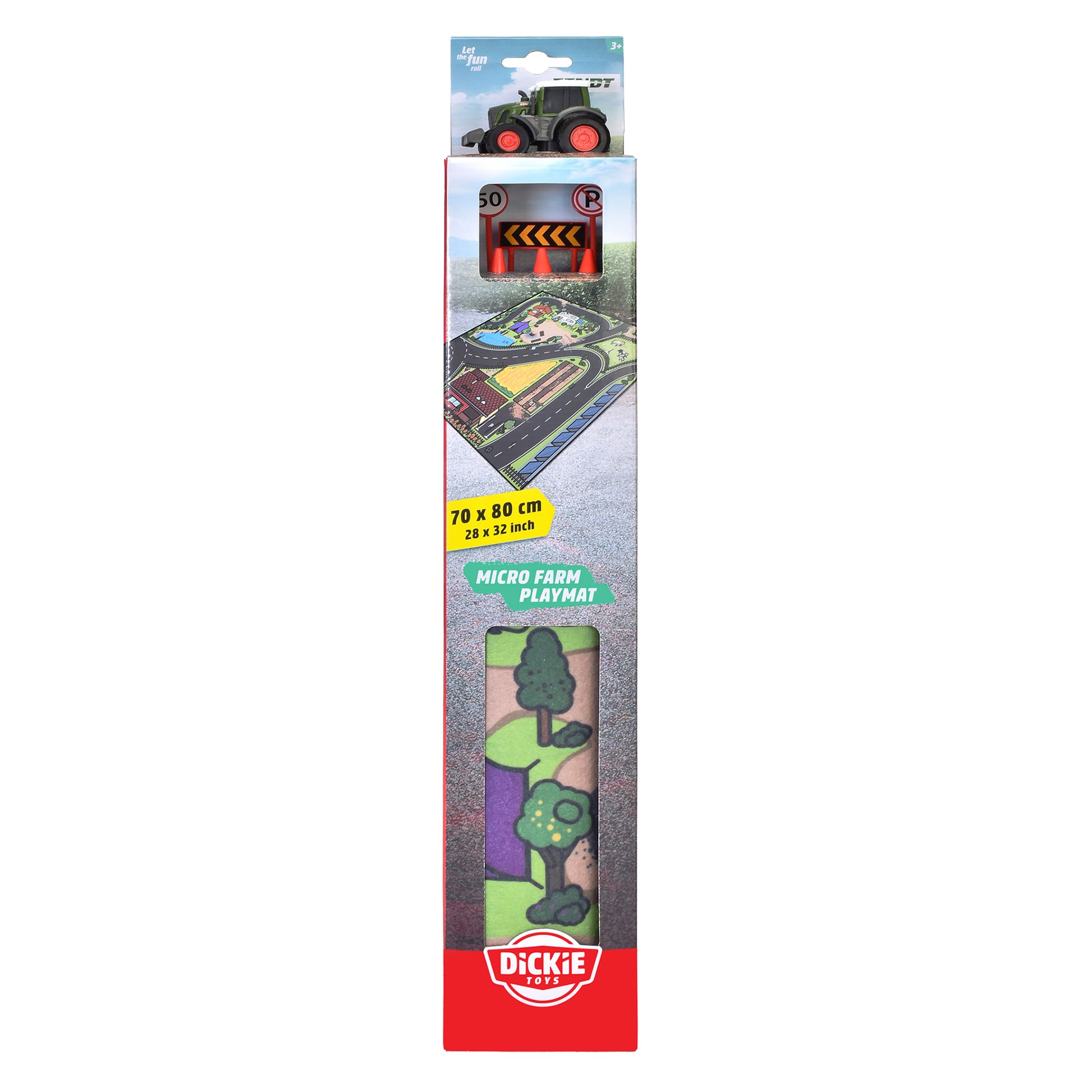 The Simba Dickie Micro World Playmat Assortment features a green toy tractor and a rolled-up playmat with illustrated trees, fields, and roads, designed for children ages 3 and up.