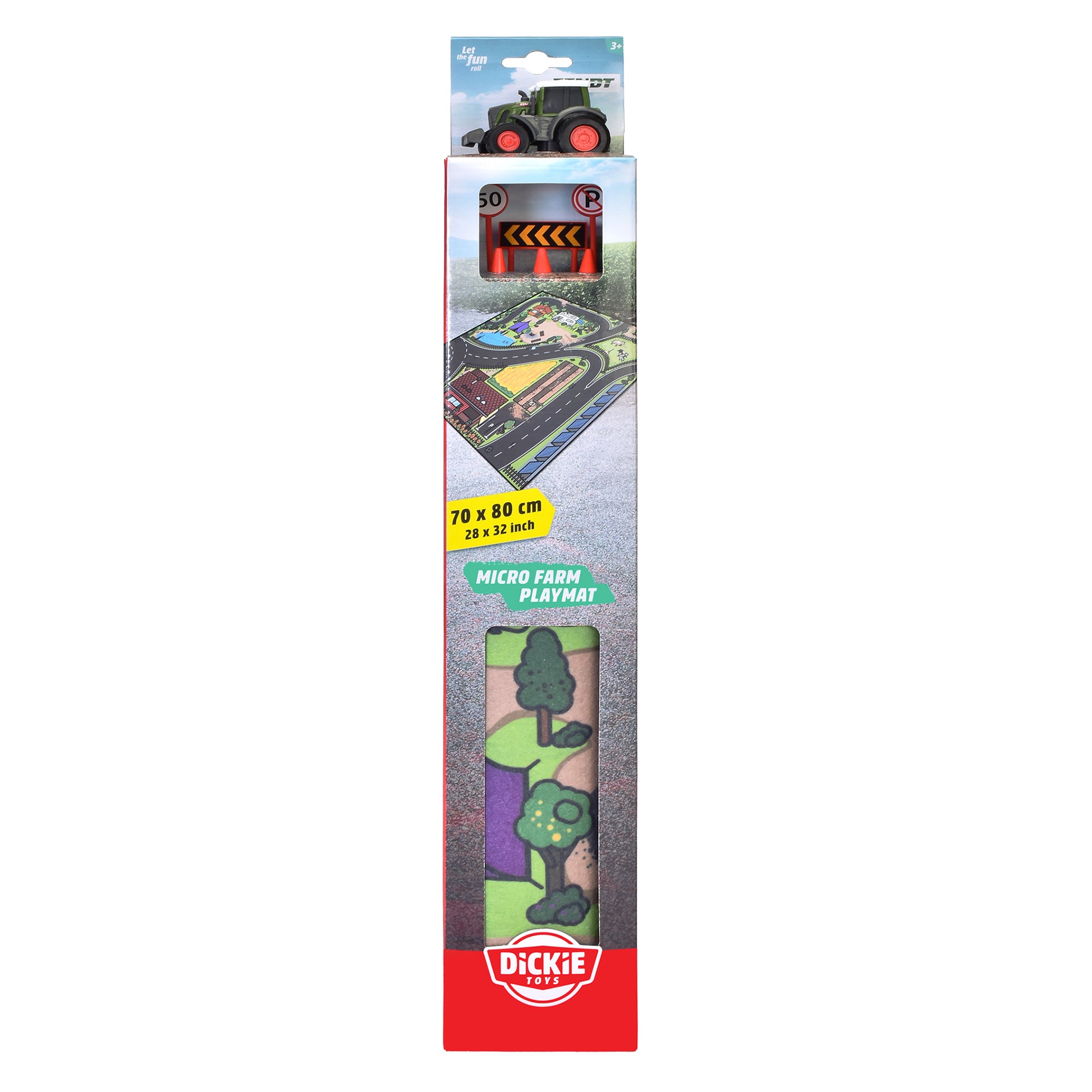 The Simba Dickie Micro World Playmat Assortment features a green toy tractor and a rolled-up playmat with illustrated trees, fields, and roads, designed for children ages 3 and up.