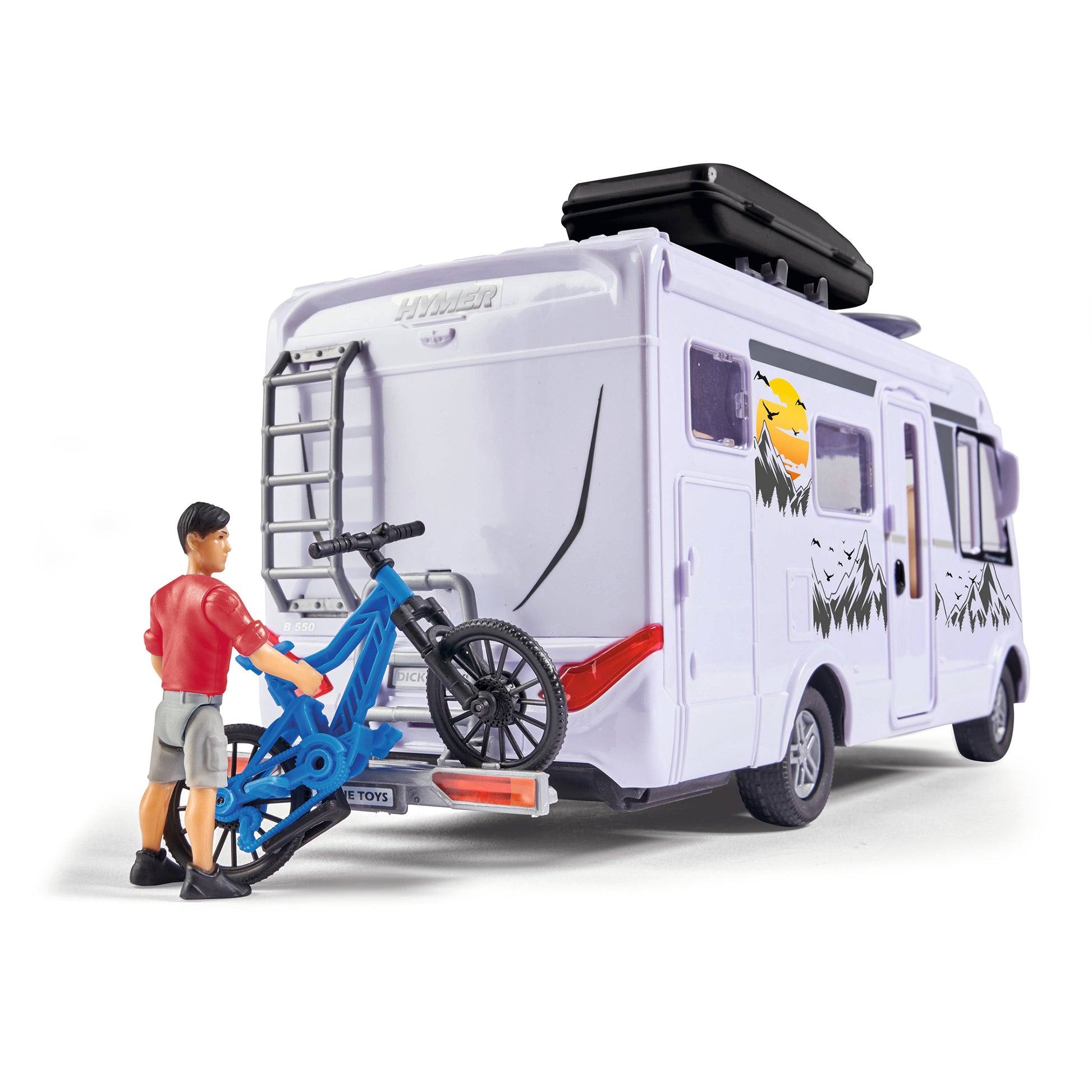 A figure in a red shirt loads a blue bike onto the back rack of the white Simba Dickie Toys Camper Set, featuring mountain and bird graphics, ladder, roof box, and realistic details.