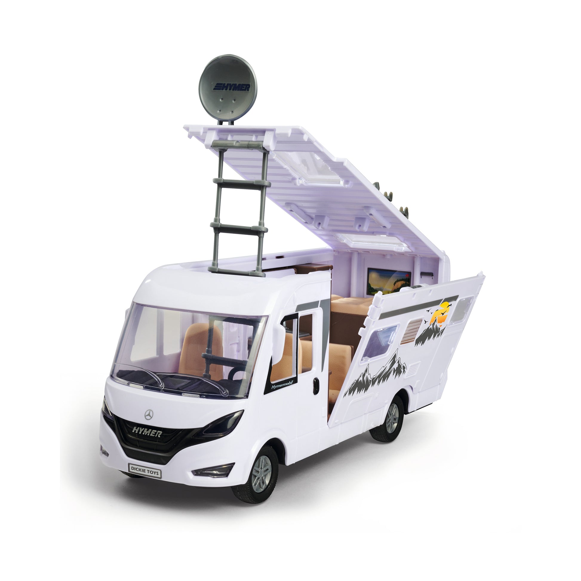 The Simba Dickie Dickie Toys Camper Set, Try Me, is a white toy RV featuring mountain graphics, a raised roof, open side door with visible seats inside, and a satellite dish on top.