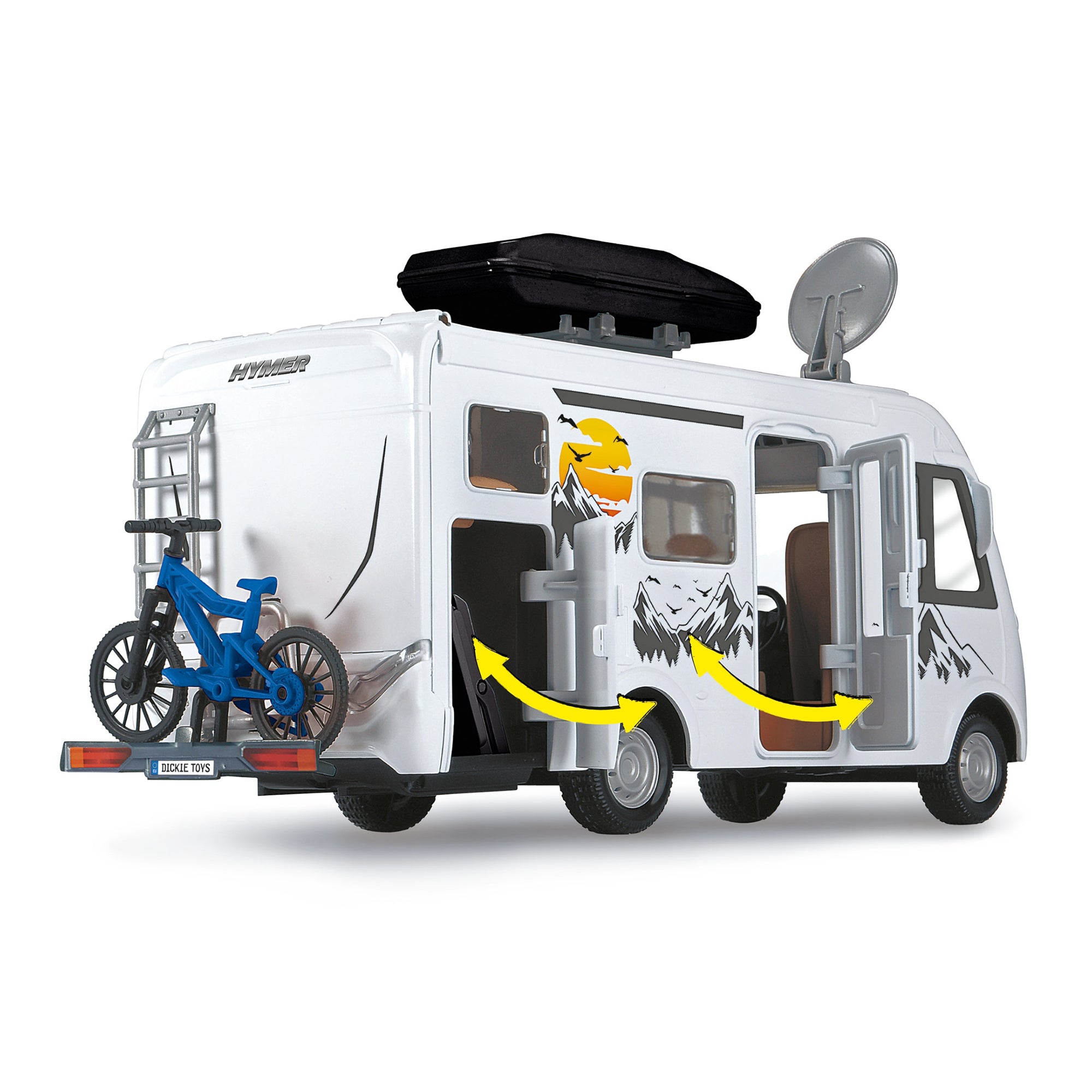 The Simba Dickie Dickie Toys Camper Set, Try Me, features a toy camper van with mountain graphics, a blue bicycle, rooftop storage, a satellite dish, and opening side door and storage compartment with movement arrows.