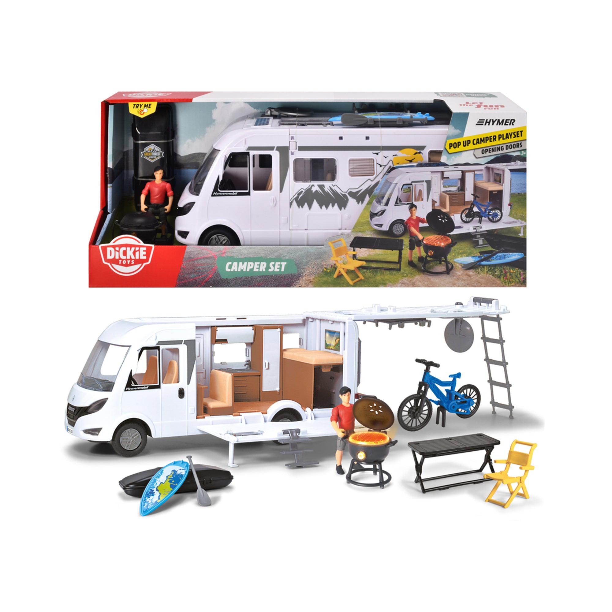 The Dickie Toys Camper Set, Try Me by Simba Dickie includes a figure, bicycle, grill, table, chair, surfboard, and more. The packaging displays the assembled playset and the Simba Dickie brand name.