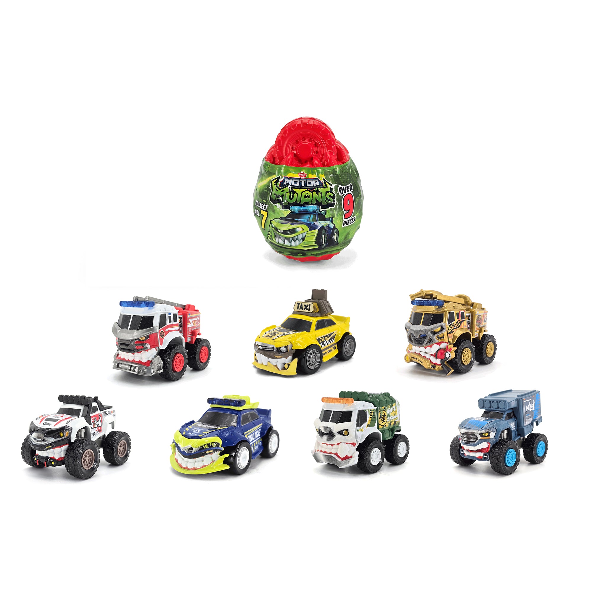 Seven vibrant Dickie Toys Motor Mutants vehicles by Simba Dickie are shown before a large green and red egg-shaped package, featuring fun styles like fire truck, taxi, and dump truck from the 9 Egg CDU collection.