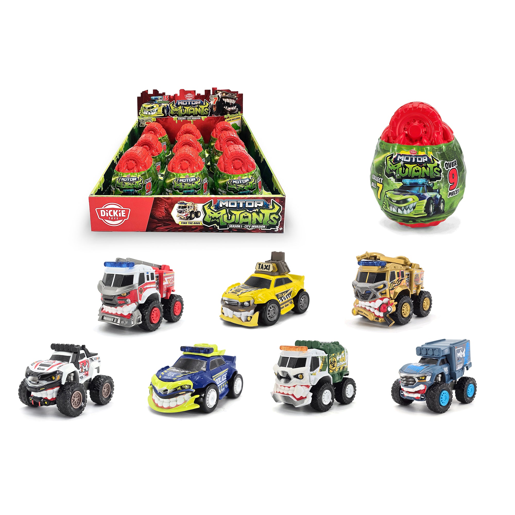 Assorted Simba Dickie Motor Mutants toy vehicles, like fire trucks and taxis, with green and red egg-shaped containers in a Dickie Toys Motor Mutants - 9 Egg CDU display box.
