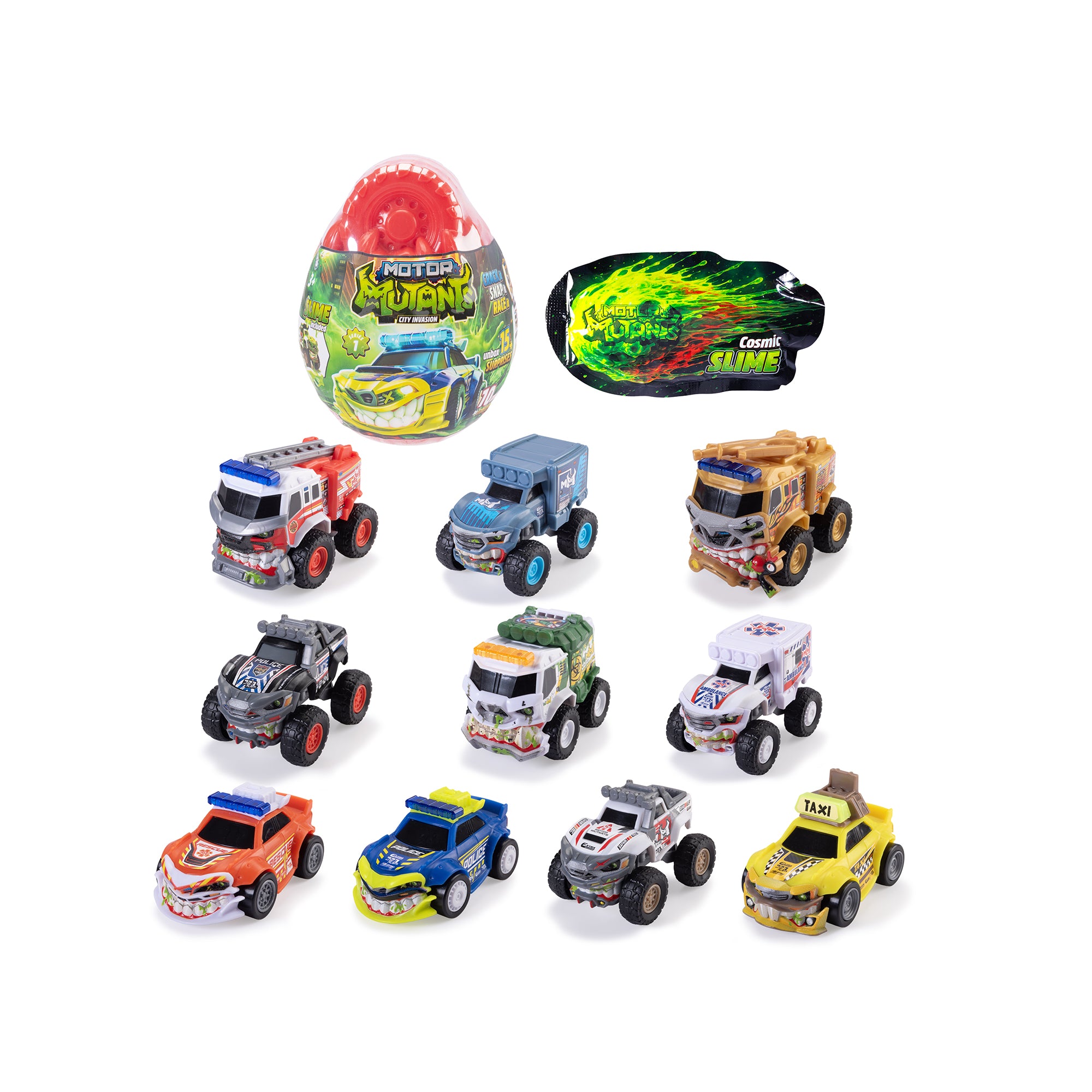 The Simba Dickie Dickie Toys Motor Mutants - 20 Egg CDU includes twelve mutant toy trucks and cars, displayed with a dinosaur egg container and a green Cosmic Slime packet.