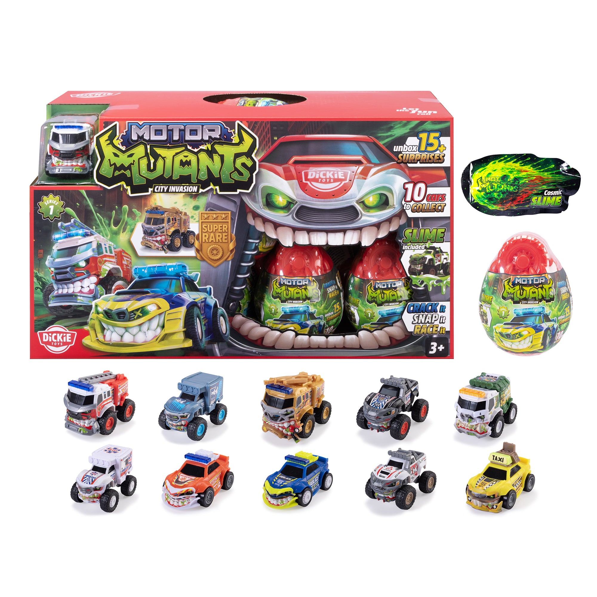 The Simba Dickie Dickie Toys Motor Mutants - 20 Egg CDU set includes 10 colorful toy vehicles, two slime eggs, a black and green container, and comes in a red box with monster graphics. Suitable for ages 3+.