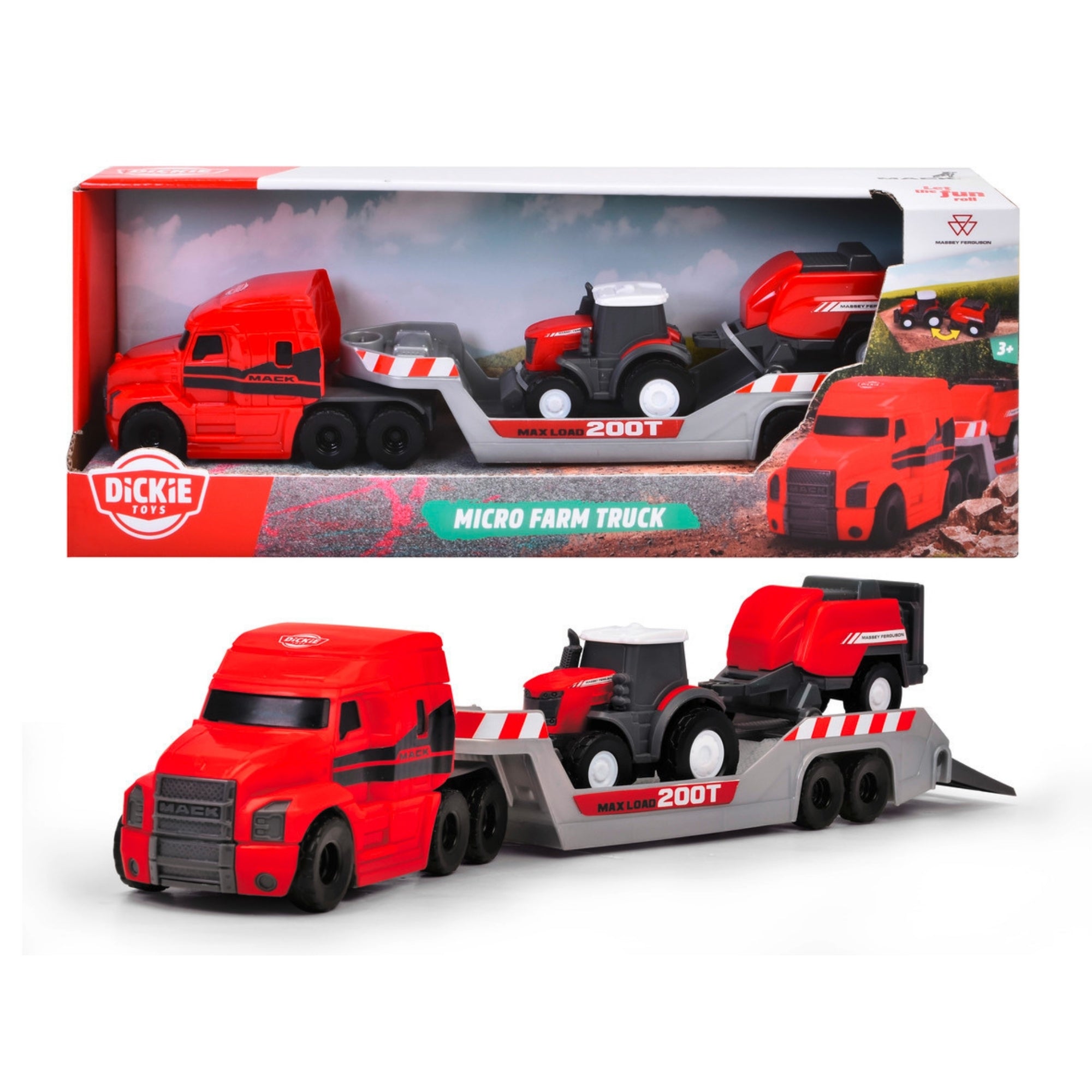 A red Dickie Toys Micro Farm Truck with a detachable trailer carries a black and red tractor and equipment, all displayed in packaging labeled "Micro Farm Truck" and "Maxload 200T.