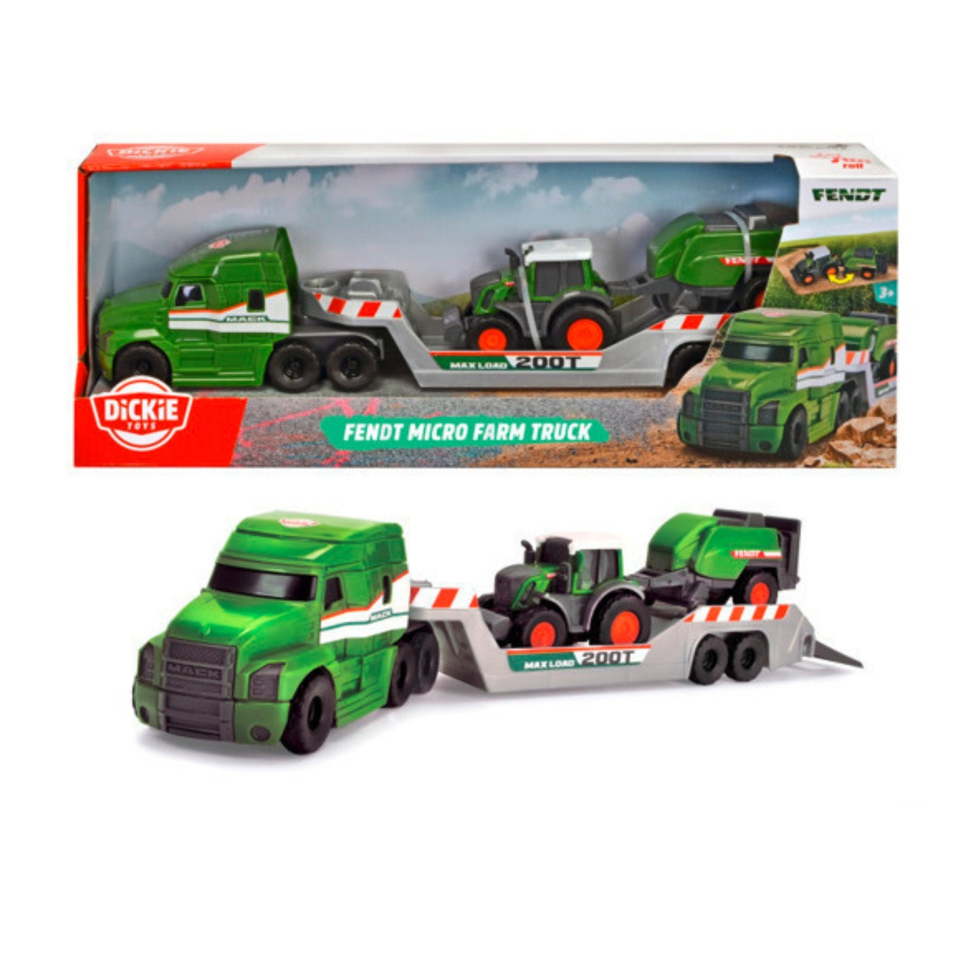 A green toy farm truck with a flatbed trailer carrying a small green tractor, shown in and out of the box. The packaging is labeled Dickie Toys Micro Farm Truck.