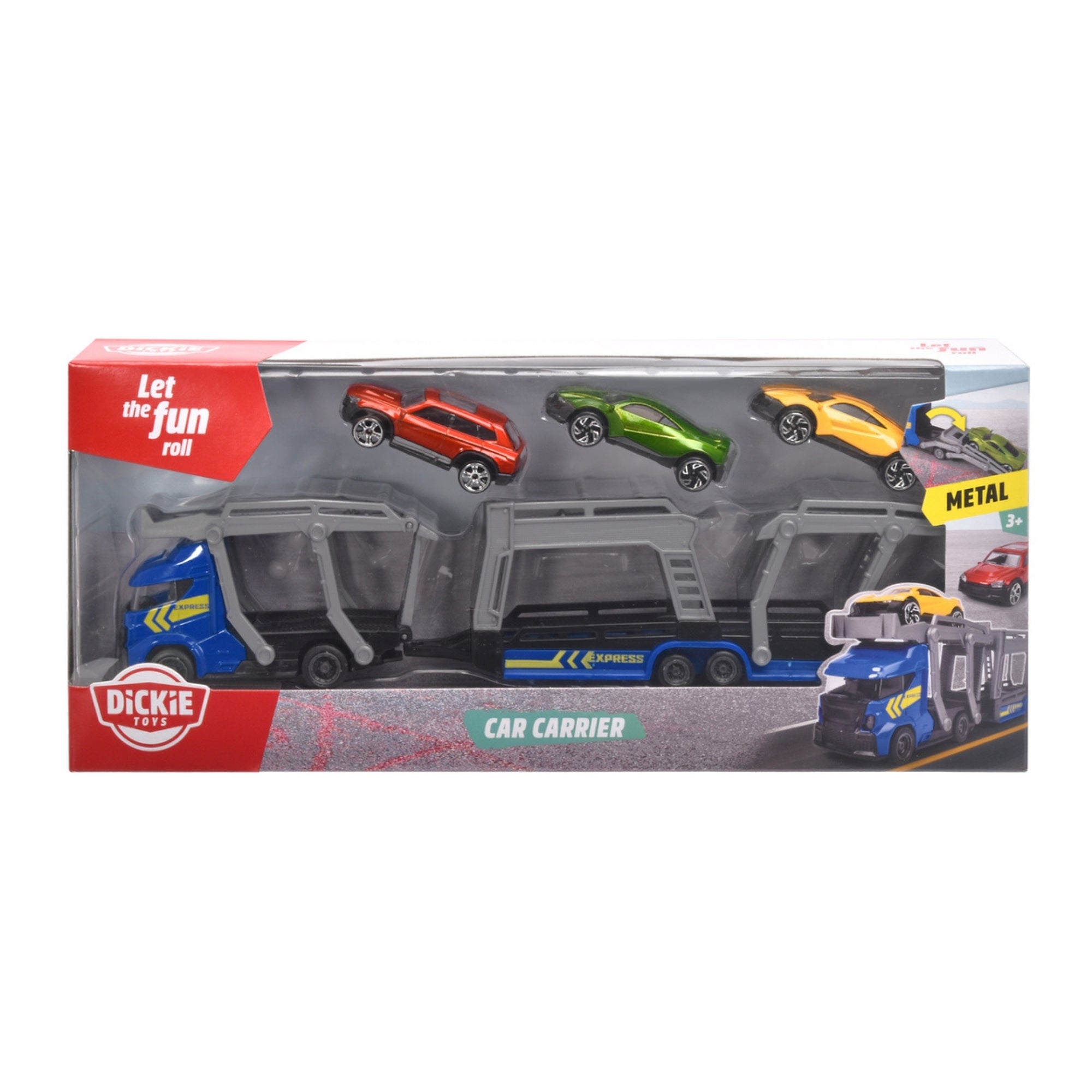 The Dickie Toys Car Carrier is packaged in a rectangular box featuring bright graphics, the "Car Carrier" label, and the phrase "Let the fun roll." It includes a toy car carrier truck with four colorful toy cars on top.