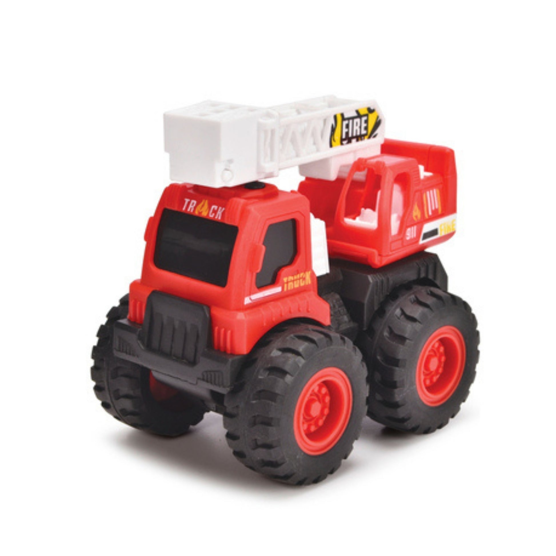 The Dickie Toys Mighty Engines is a red toy fire truck featuring large black wheels and a white extendable ladder on top, displayed against a plain white background.