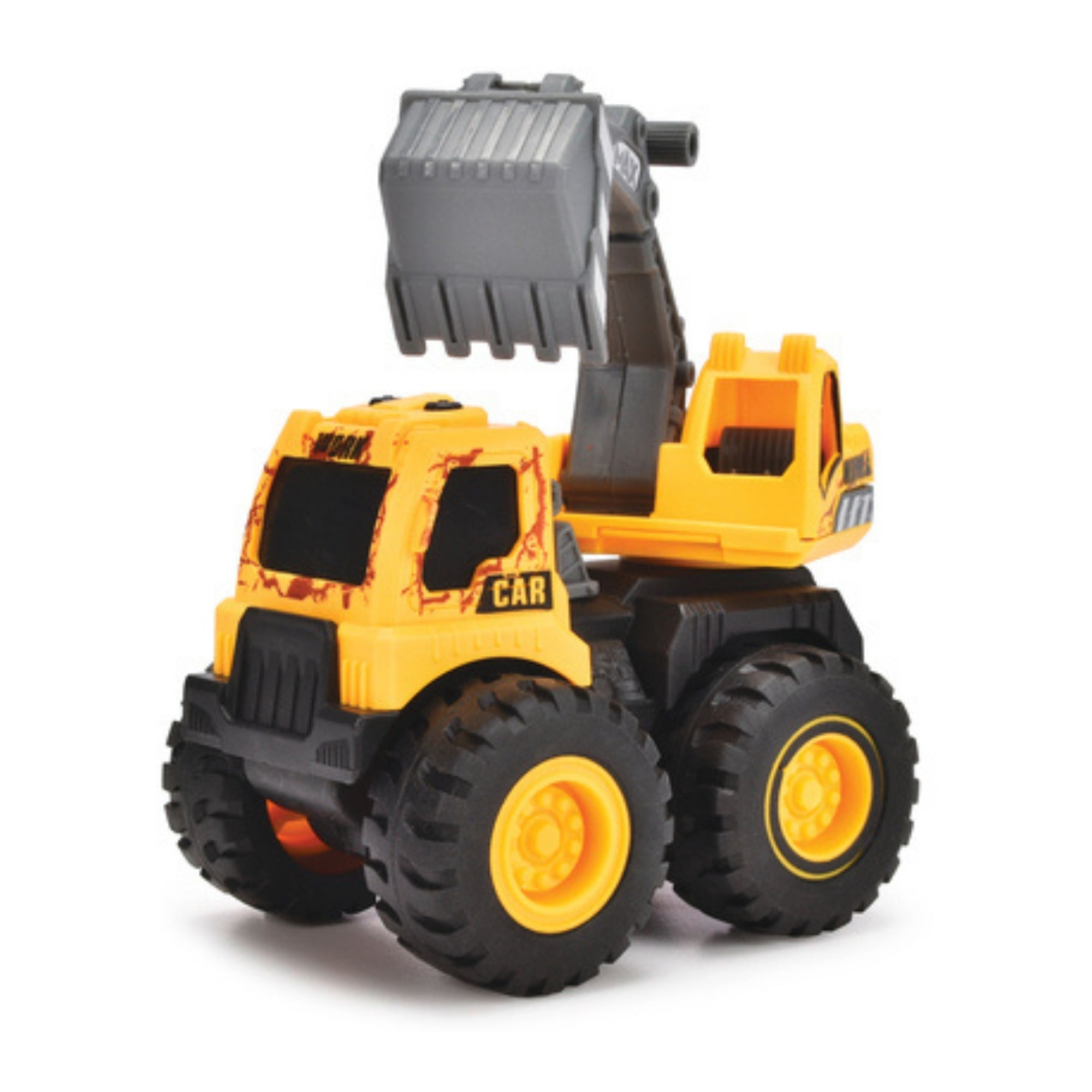 The Dickie Toys Mighty Engines is a yellow and black toy excavator truck with large wheels and a gray digging arm, designed for children.