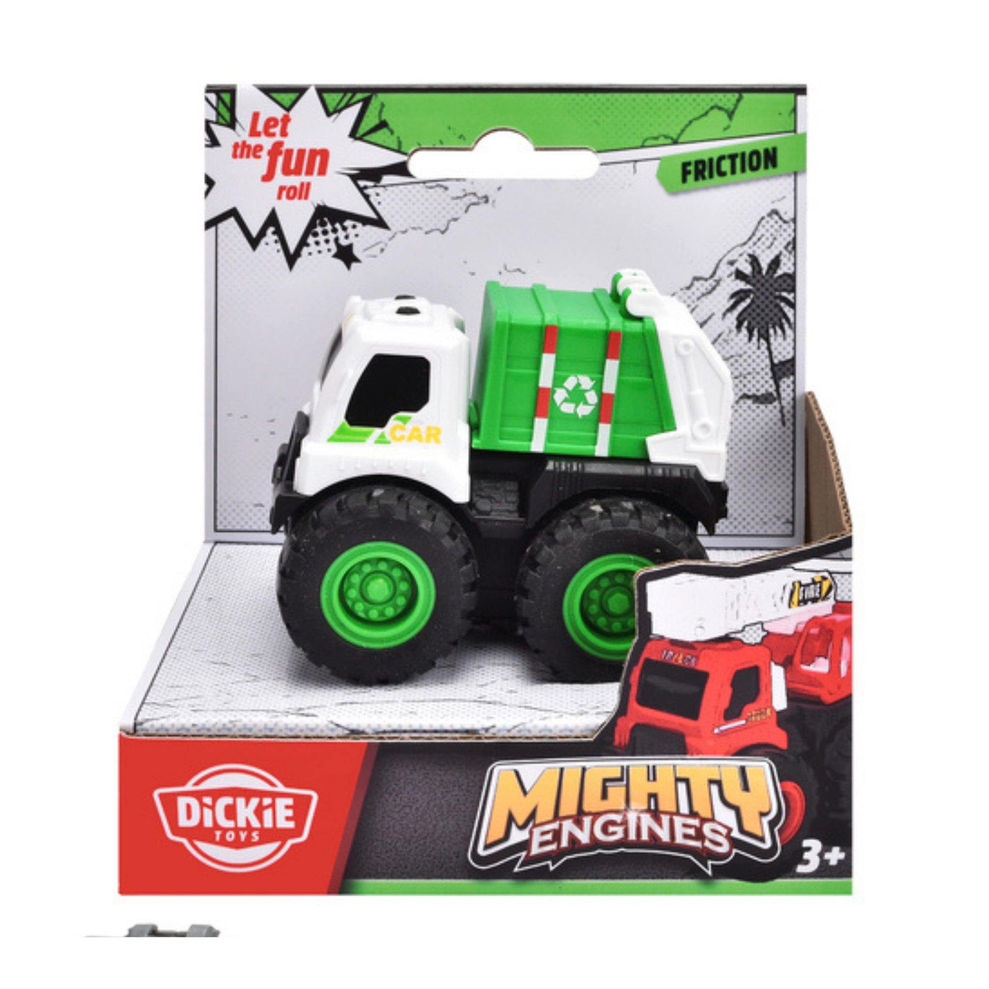 The Dickie Toys Mighty Engines toy garbage truck, in green and white, is shown in packaging for ages 3+, featuring a recycling symbol on the side.