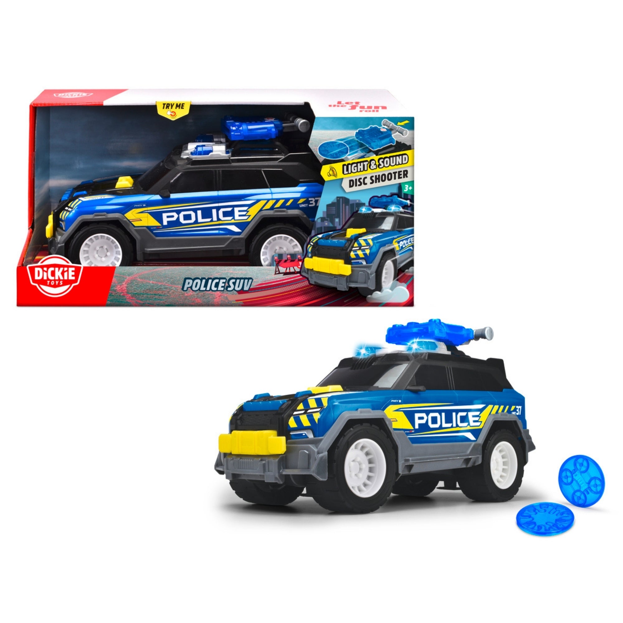 A blue and black Dickie Toys Rescue Vehicles police SUV with yellow accents, roof light, disc shooter, and two blue discs, shown in and out of its Police SUV packaging.