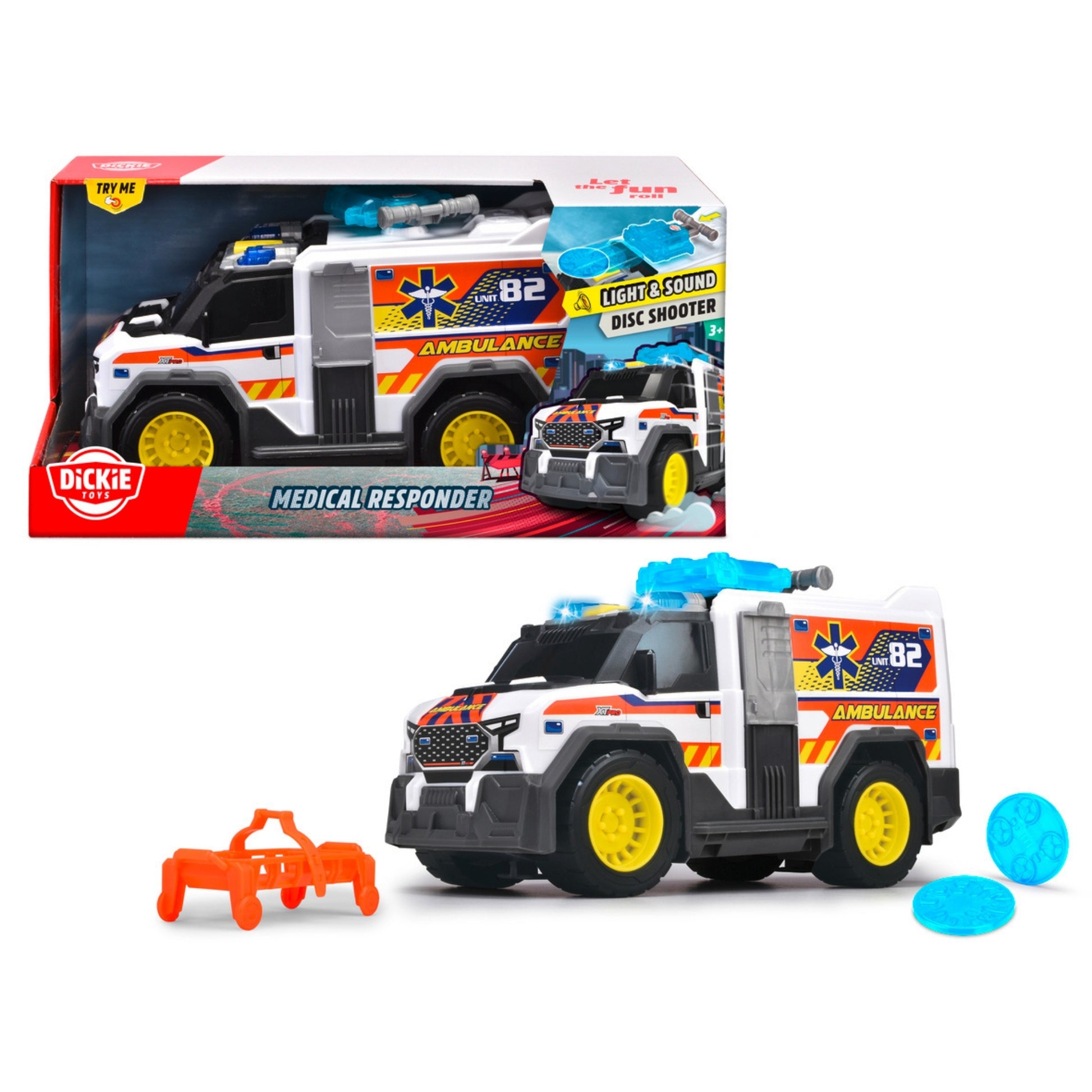 The Dickie Toys Rescue Vehicles medical responder ambulance features yellow wheels, blue lights, orange details, blue discs, and an orange accessory. The toy is displayed with its packaging in the background.