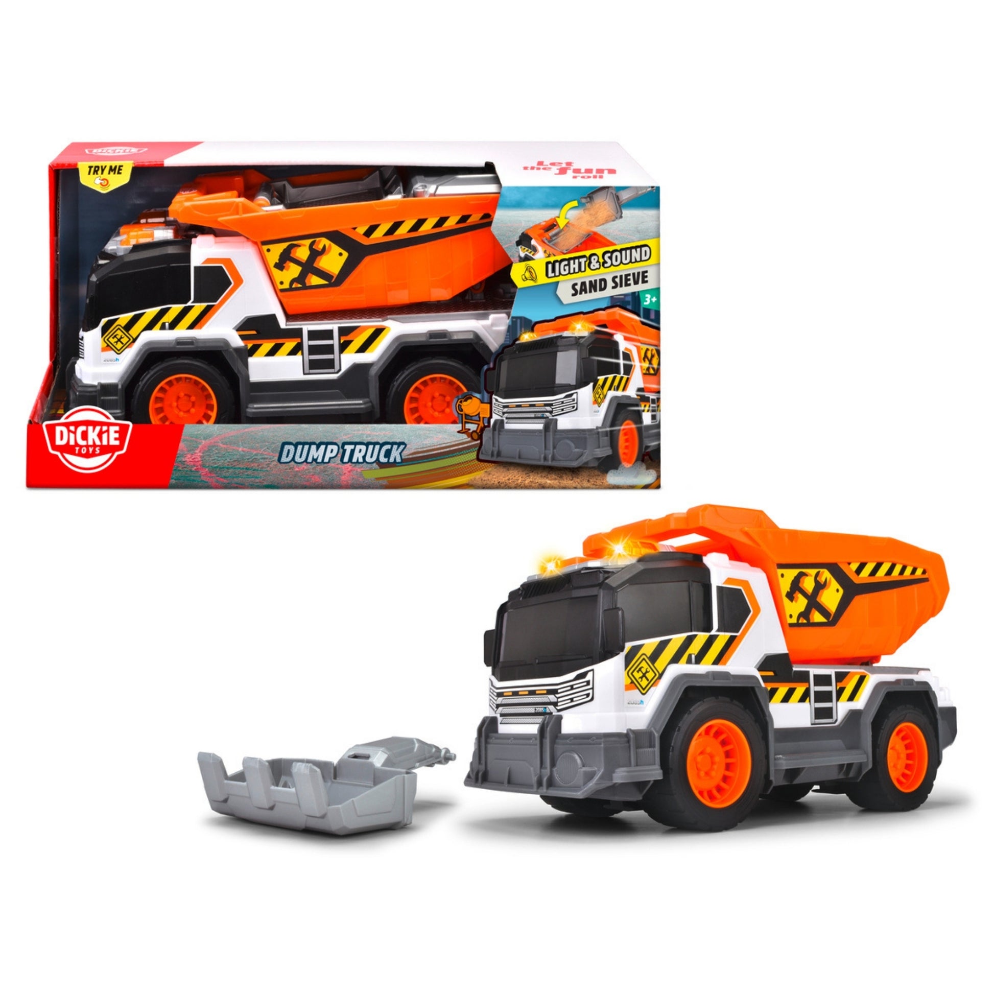 Dickie Toys City Vehicles dump truck with orange bed, grey and white cab, and bright orange wheels. Includes light and sound functions, detachable sand sieve, and shown both in packaging and out. Box labeled Dickie Dump Truck.