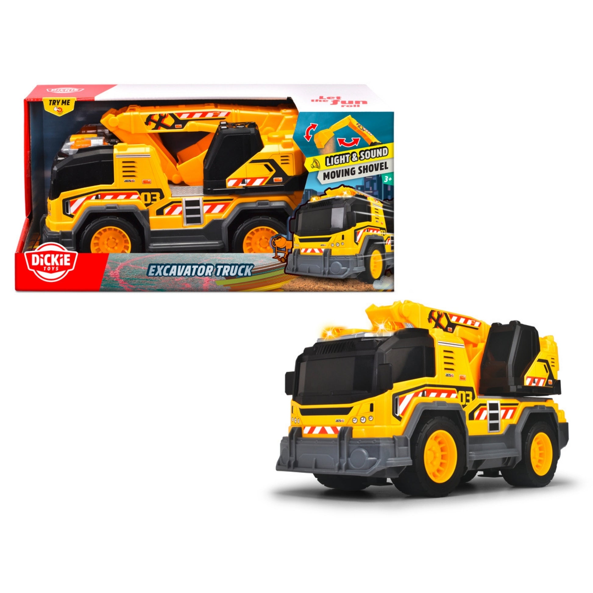 A yellow and black Dickie Toys City Vehicles excavator truck with orange details is shown both in packaging and separately. The box highlights light, sound, a moving shovel, branding, and "Excavator Truck".