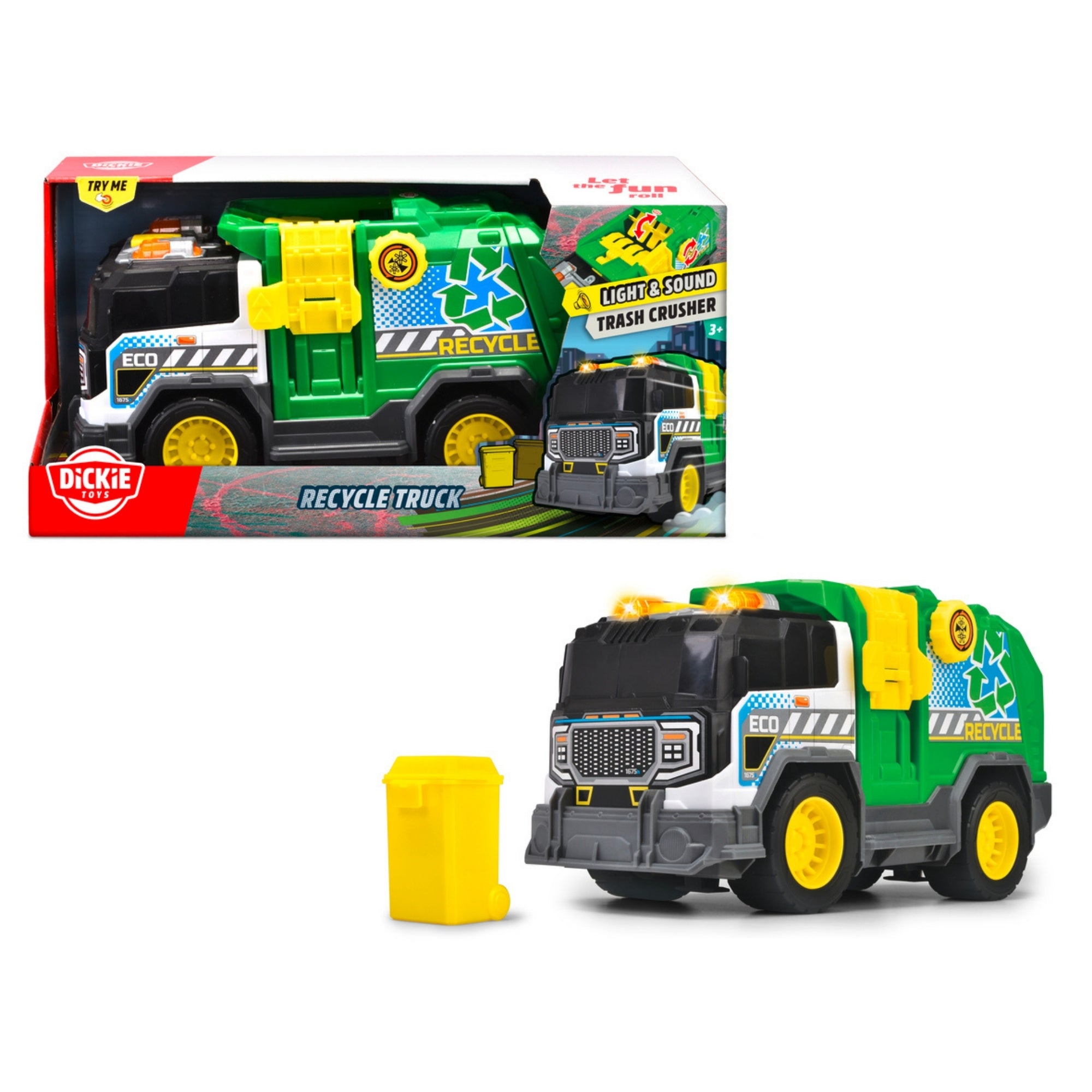 The Dickie Toys City Vehicles recycle truck features a green and yellow design, yellow wheels, recycling symbols, a matching trash bin, and comes in packaging that showcases its light and sound functions.
