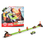 The Dickie Toys Race Track is a volcano-themed set featuring a green toy car and launcher. The packaging displays the car leaping over a fiery volcano, with track pieces and props assembled on a white background.