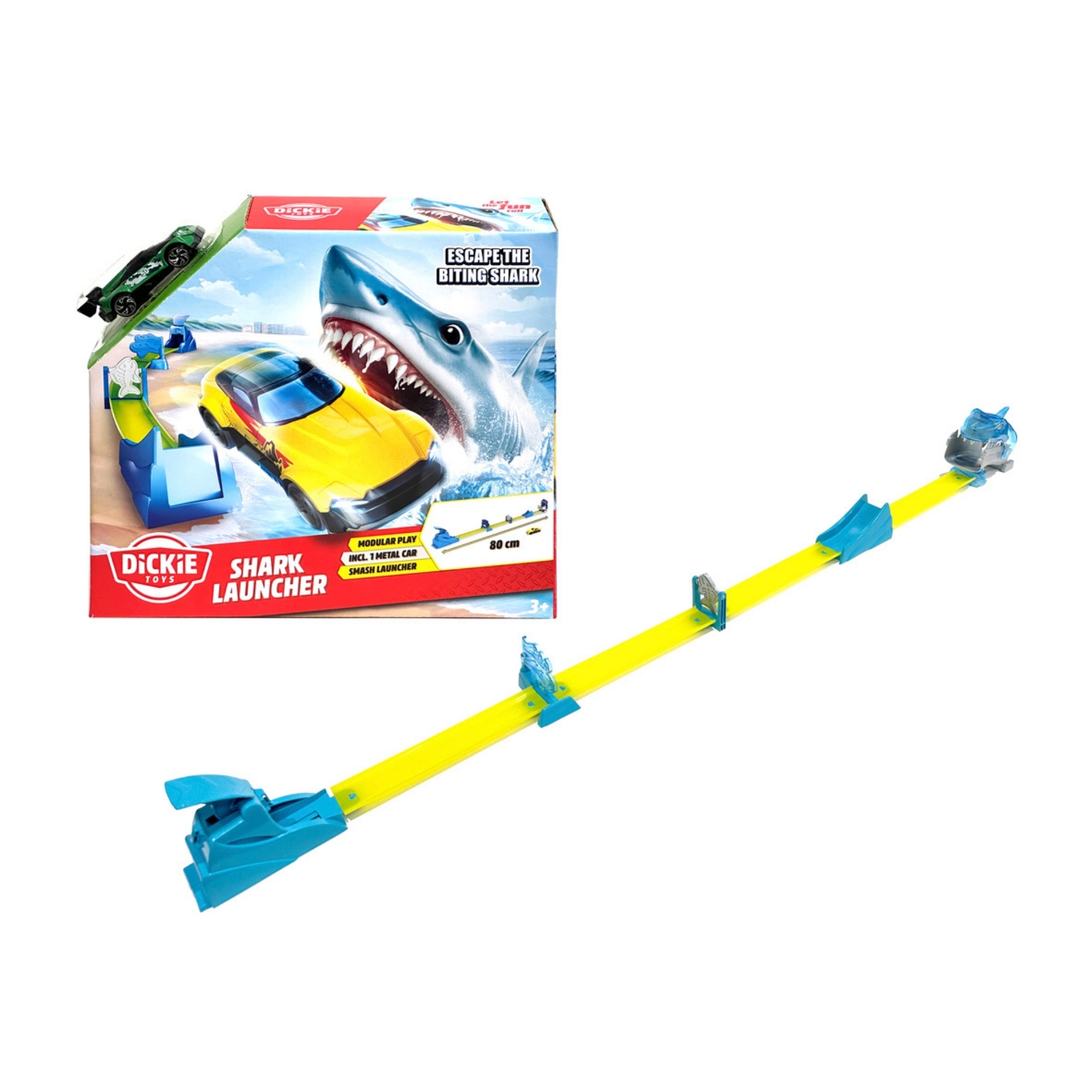 The Dickie Toys Race Track features a yellow track, blue launcher, and shark design. Its colorful box shows cars racing away from a cartoon shark.