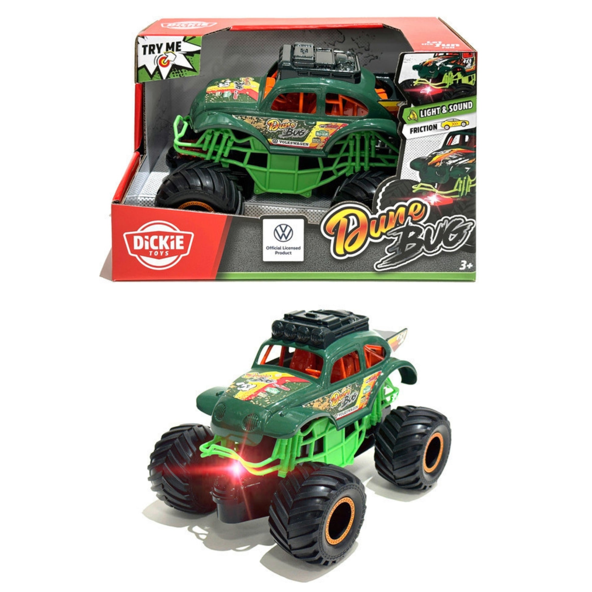 The Dickie Toys Monster Trucks Dune Bug, a green toy monster truck with large wheels, working headlights, and colorful graphics, is shown both inside its packaging and outside with its lights on.